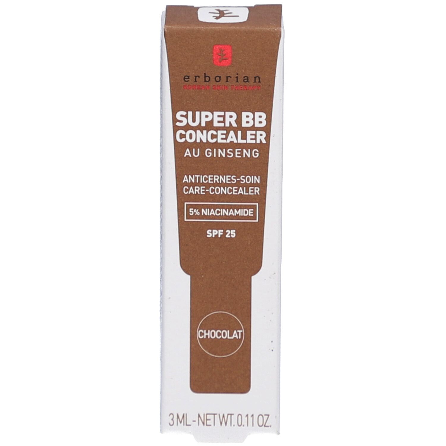 Emballage. Inscriptions: ERBORIAN, SUPER BB CONCEALER, AU GINSENG, ANTICERNES-SOIN CARE-CONCEALER, SPF 25, CHOCOLAT.