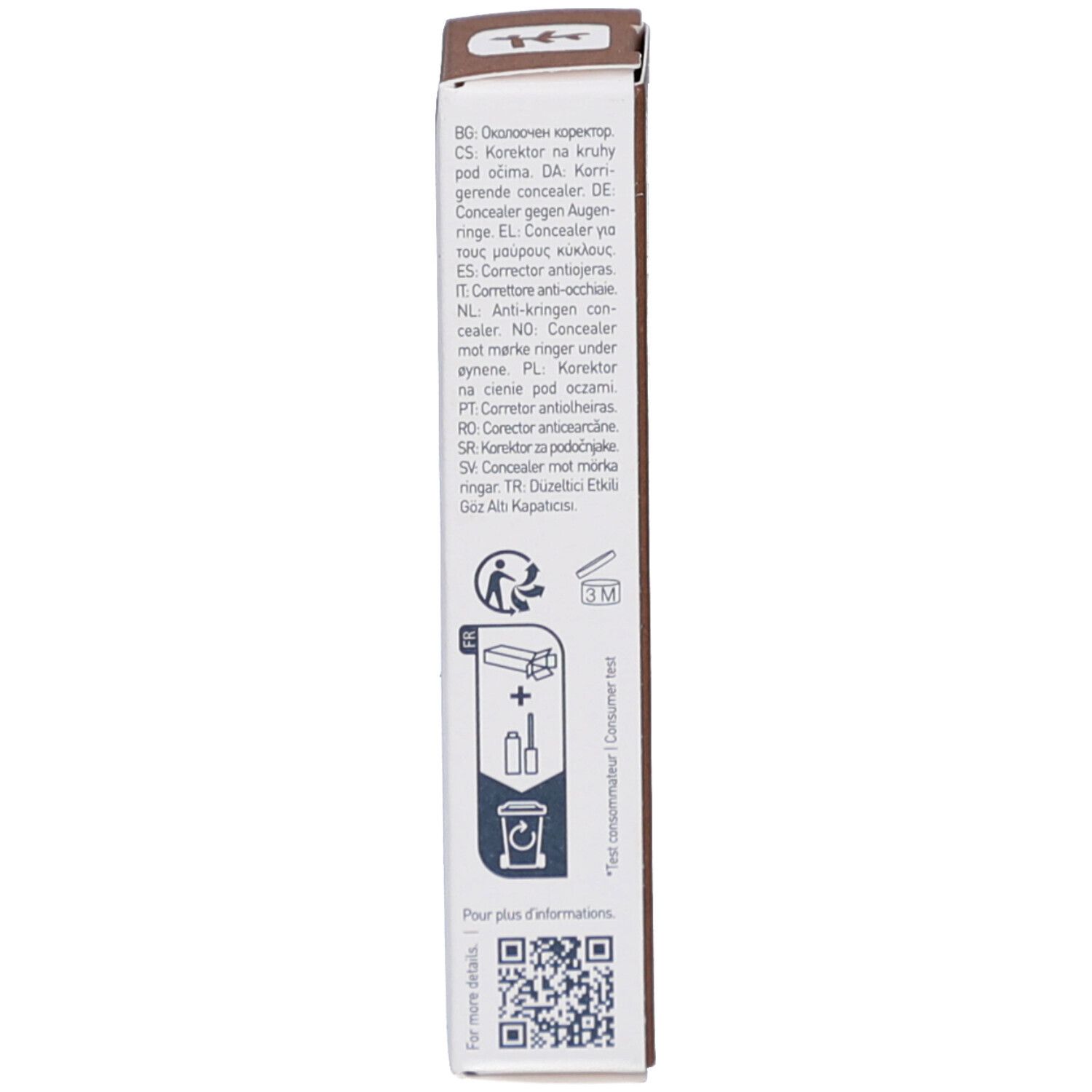 Côté de l'emballage. Informations en plusieurs langues. Symbole de recyclage. Code QR.