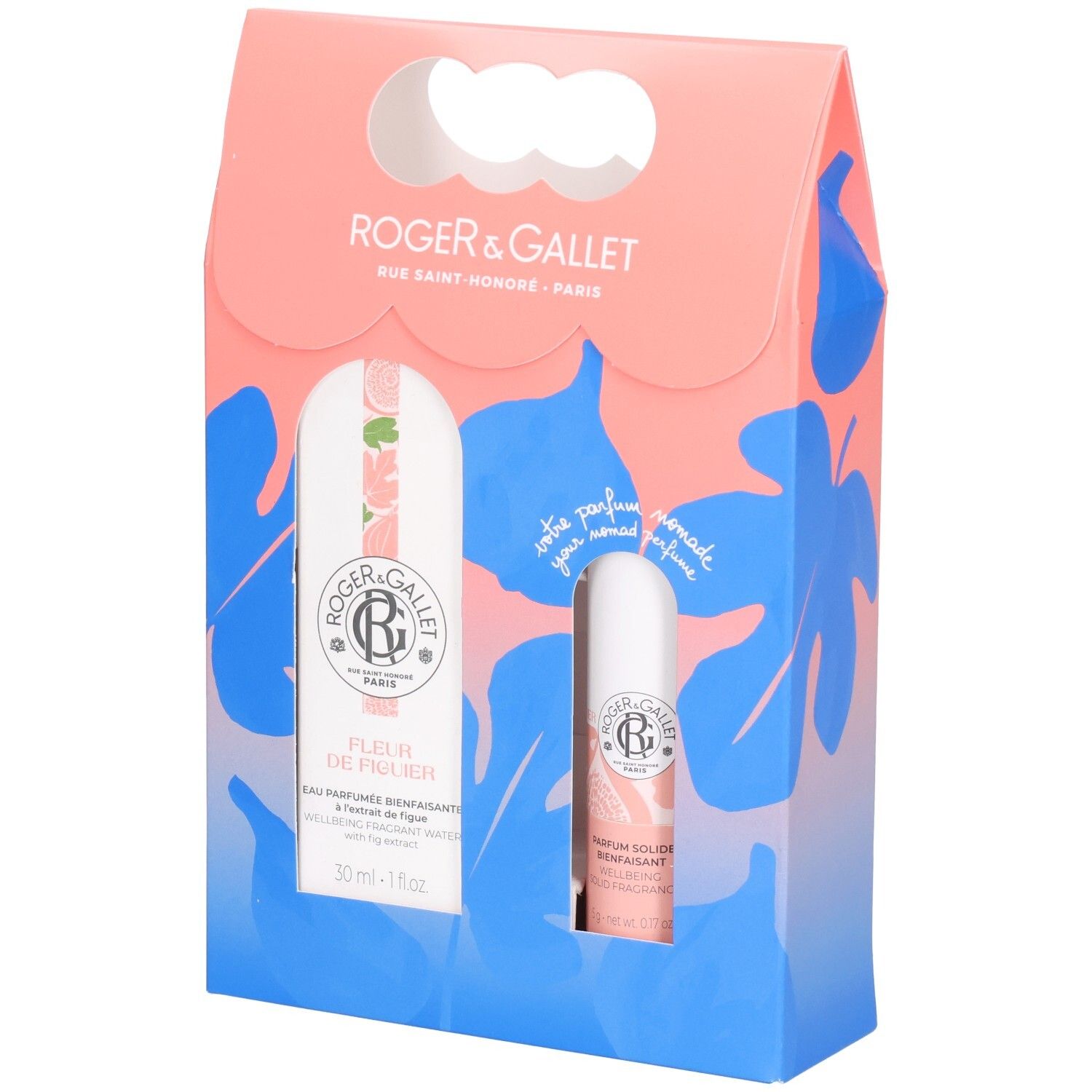 Coffret cadeau avec deux flacons. Emballage rose et bleu avec logo et nom du produit. Un flacon 50ml, un plus petit.