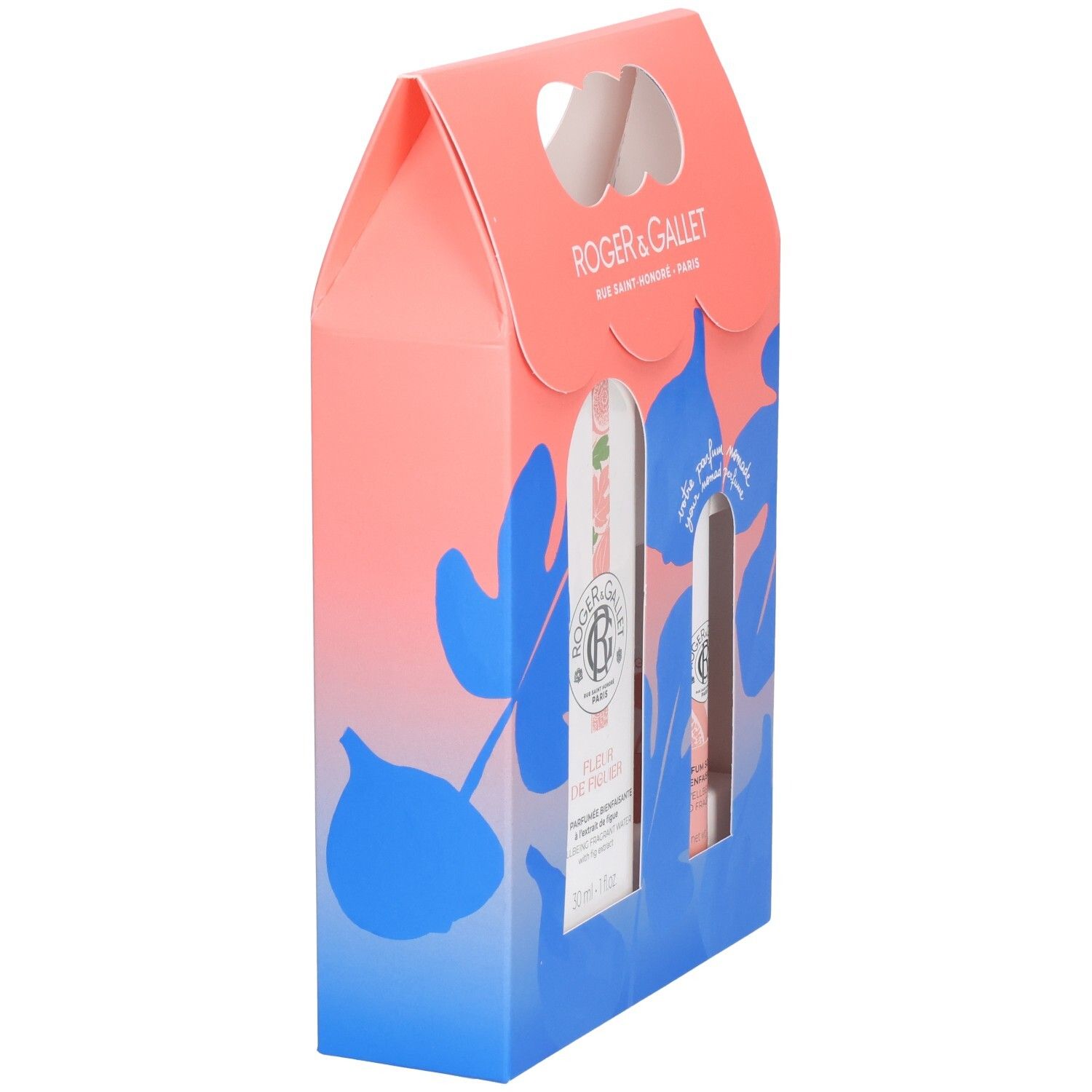 Vue latérale du coffret cadeau. Emballage rose et bleu avec logo. Deux flacons visibles. Trou de préhension en haut.