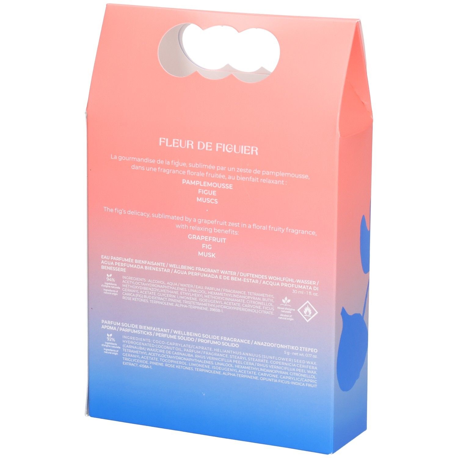 Dos du coffret cadeau. Emballage rose et bleu avec informations sur le produit et ingrédients. Texte multilingue.