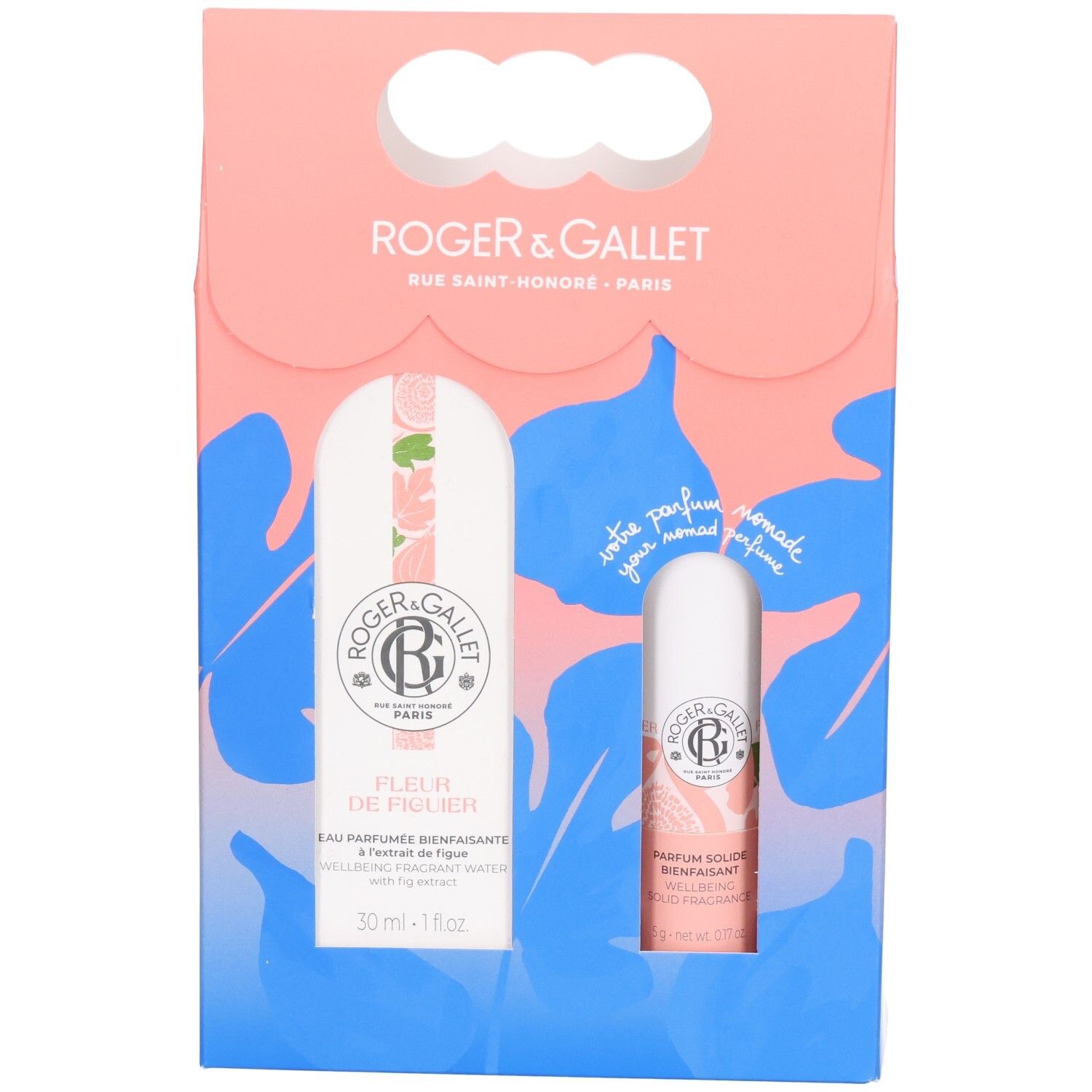 Coffret cadeau avec deux flacons. Emballage rose et bleu avec logo et nom du produit. Un flacon 30ml, un plus petit.