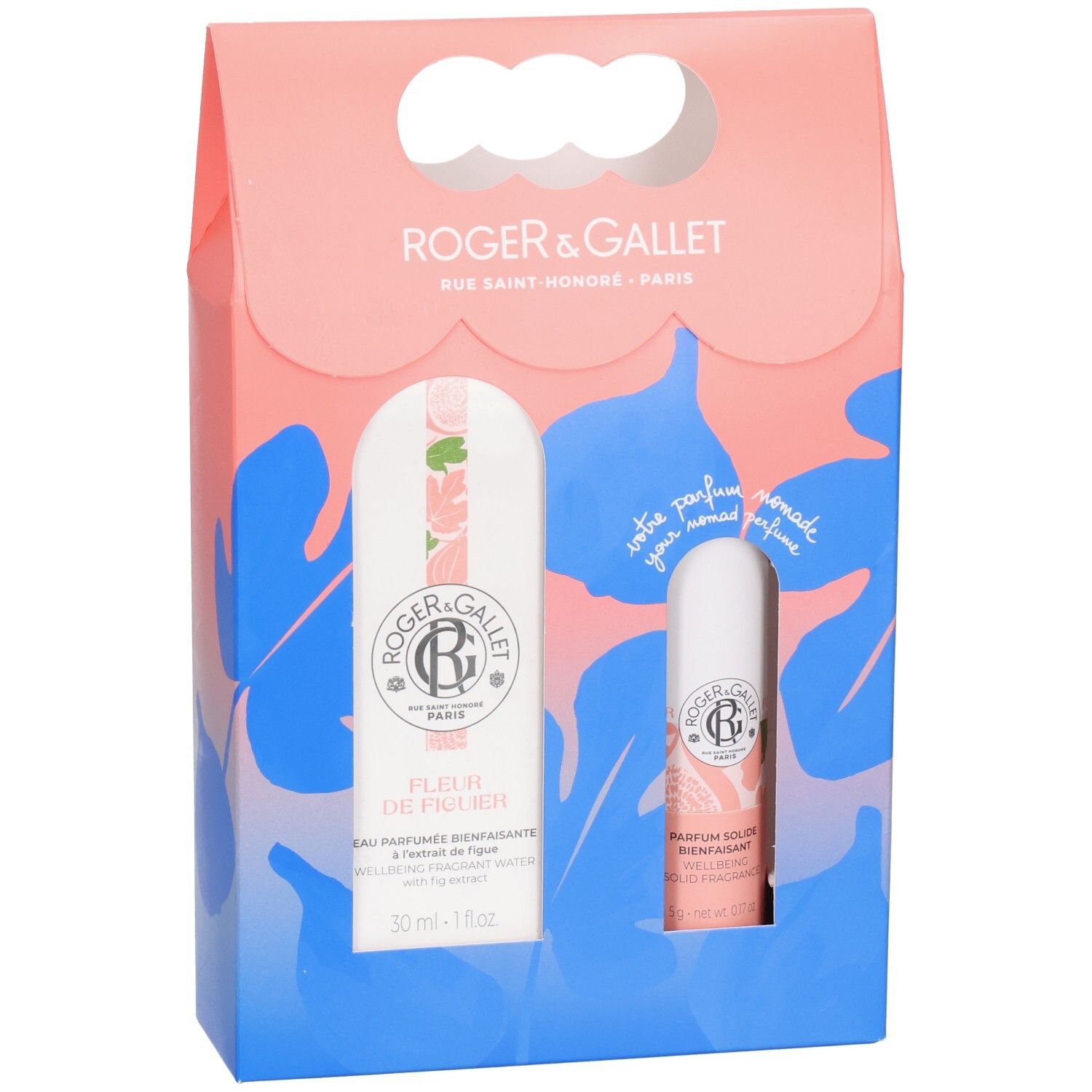 Coffret cadeau avec deux flacons. Emballage rose et bleu avec logo et nom du produit. Les deux flacons sont visibles.