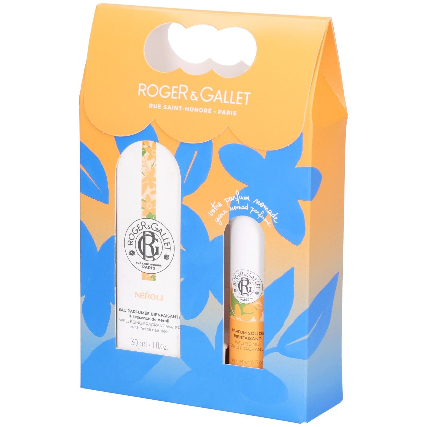 Coffret cadeau ROGER & GALLET. Design orange et bleu avec motifs floraux. Contient Eau Parfumée et Parfum Solide.