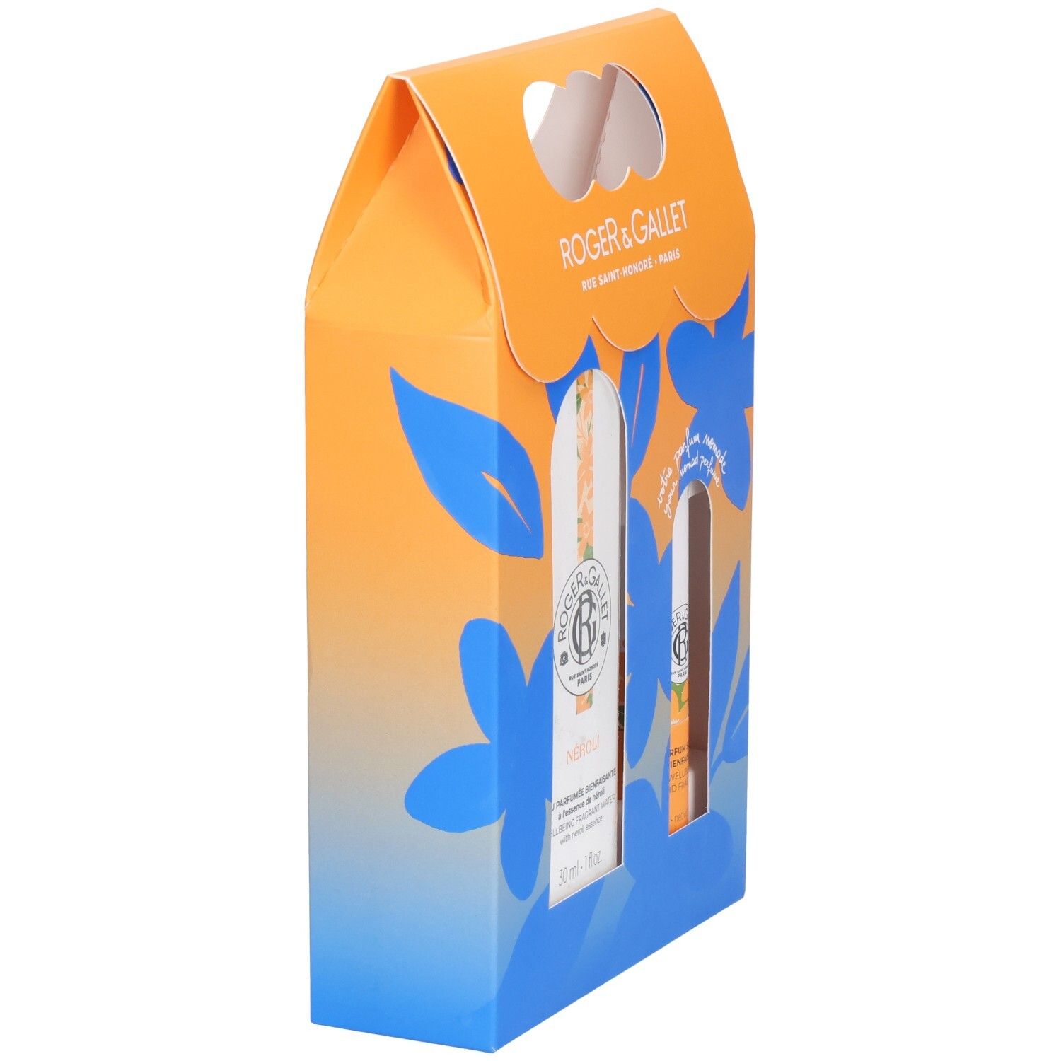 Coffret cadeau ROGER & GALLET. Design orange et bleu avec motifs floraux. Vue latérale. Deux produits visibles.