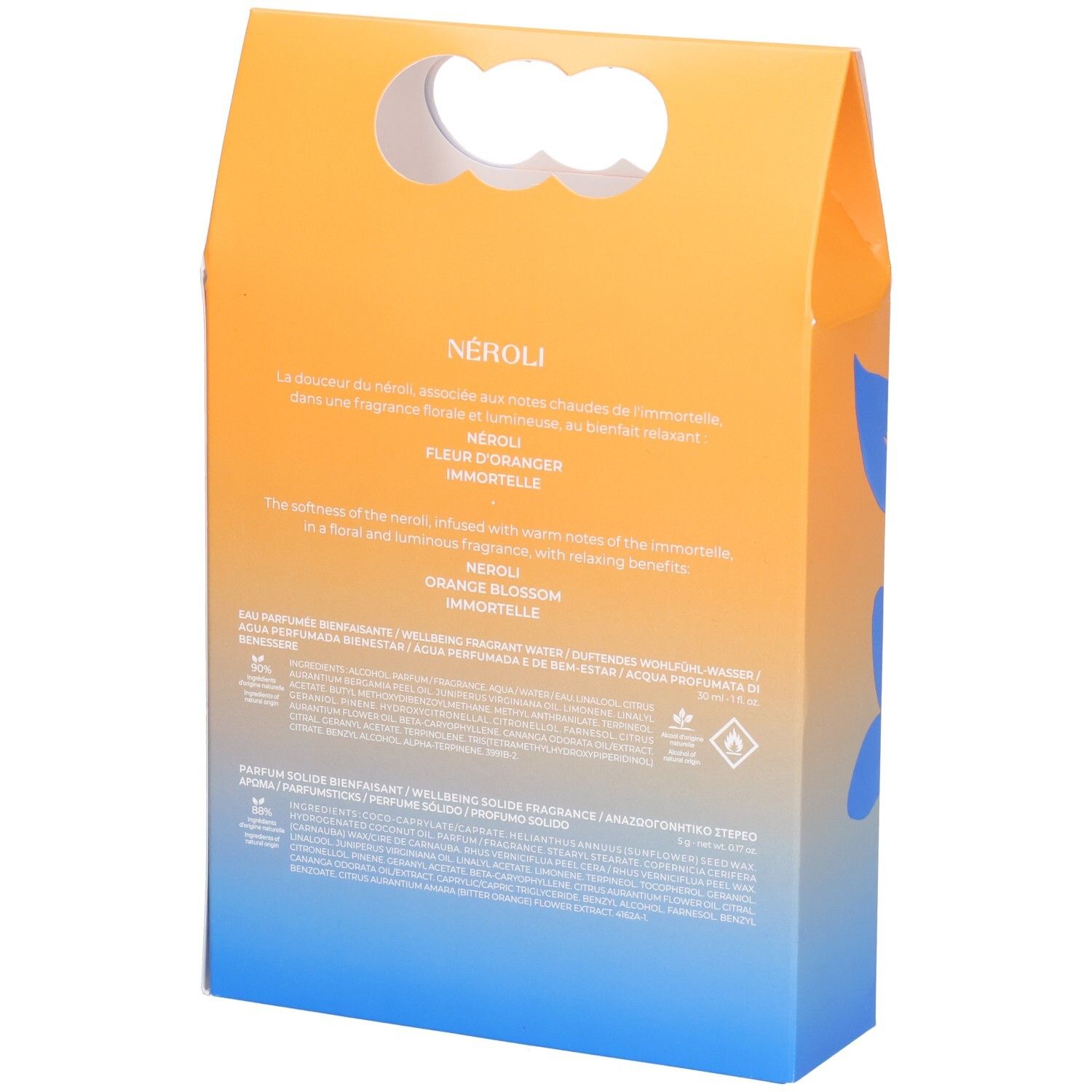 Dos du coffret cadeau. Texte avec informations sur le produit et ingrédients. Design orange et bleu.