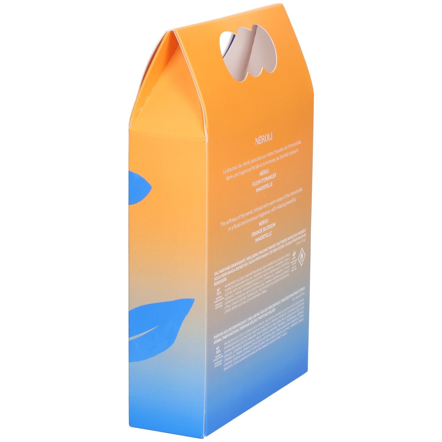Dos du coffret cadeau. Design orange et bleu. Texte avec informations produit. Logo NEROLI.