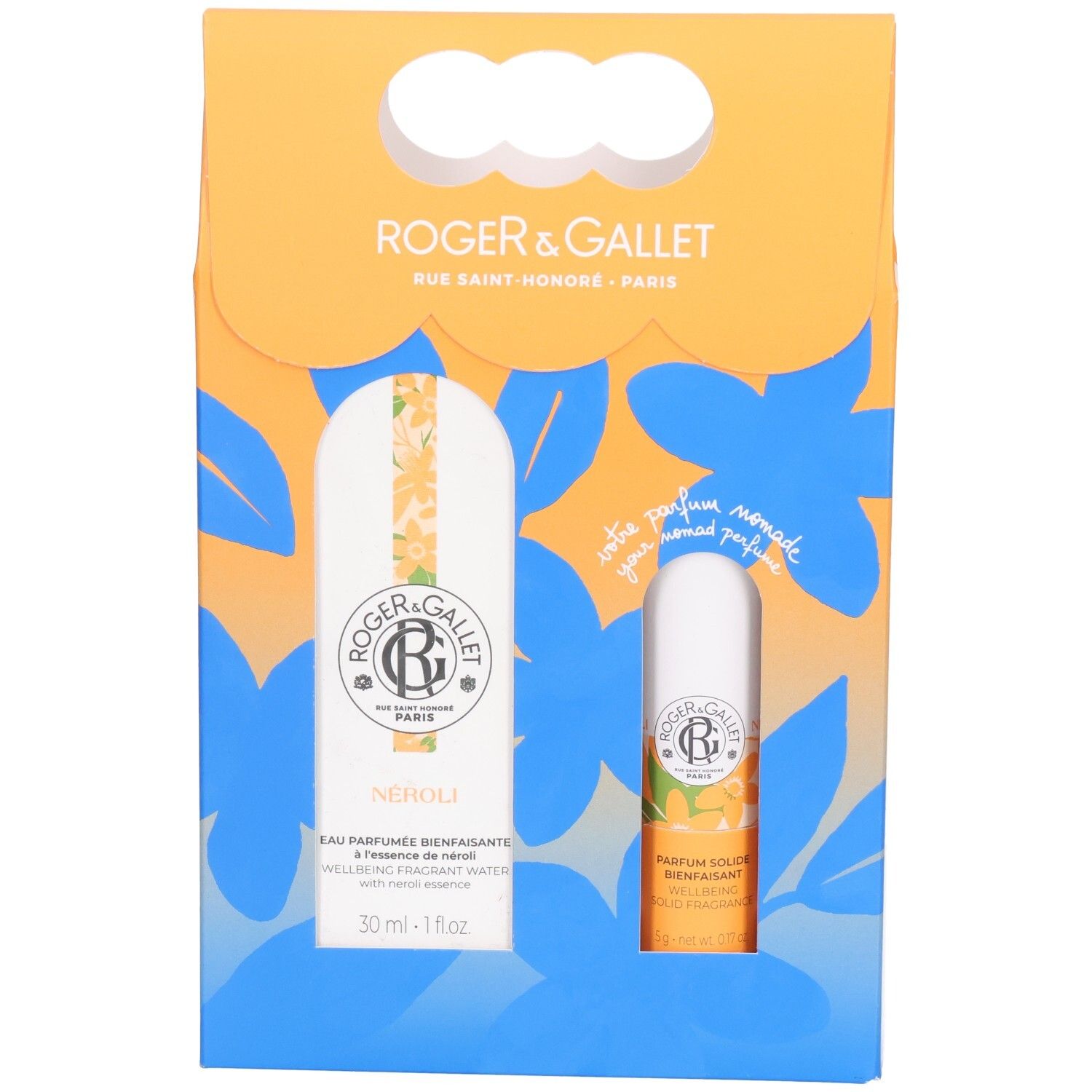 Coffret cadeau ROGER & GALLET. Design orange et bleu avec motifs floraux. Contient Eau Parfumée et Parfum Solide.