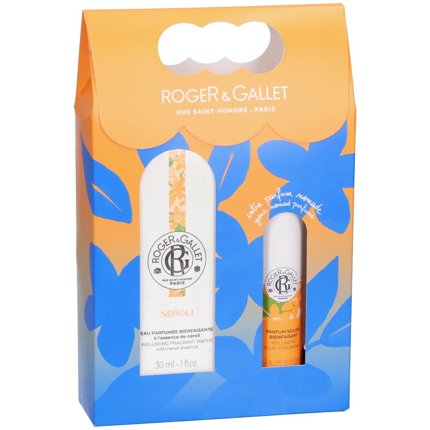Coffret cadeau ROGER & GALLET. Design orange et bleu avec motifs floraux. Contient Eau Parfumée et Parfum Solide.