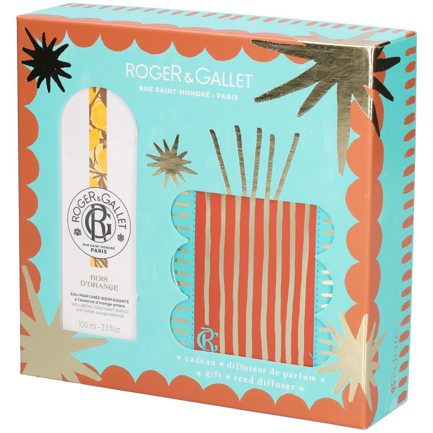 Coffret cadeau Roger & Gallet. Design turquoise et orange avec éléments dorés. Contient un flacon et un diffuseur à bâtonnets.