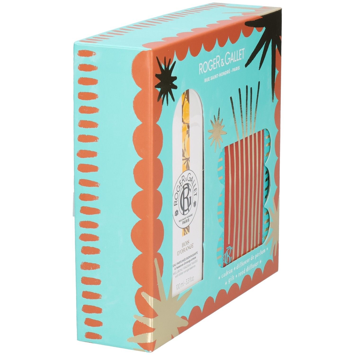Coffret cadeau vu de côté. Design turquoise et orange. Visible : flacon, diffuseur. Marque Roger & Gallet.