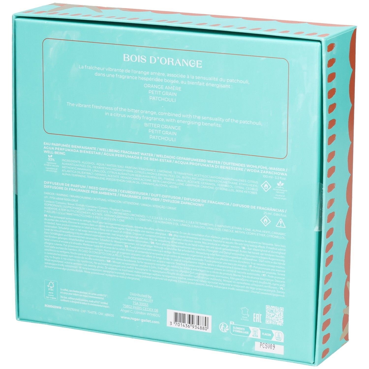 Dos du coffret cadeau. Turquoise avec texte. Nom du produit : Bois d'Orange. Informations multilingues.