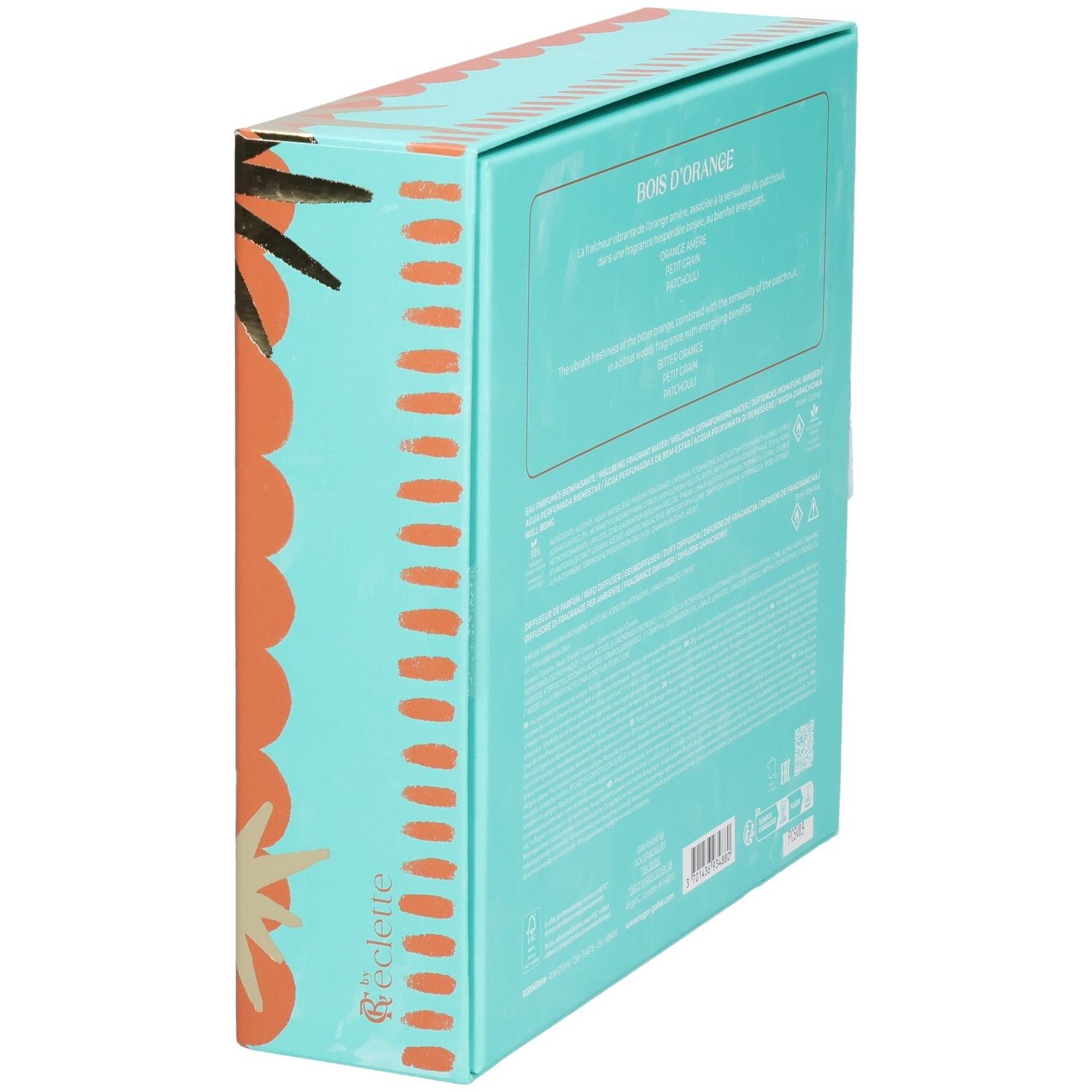 Coffret cadeau vu de côté. Design turquoise et orange. Nom du produit : Bois d'Orange. Marque Roger & Gallet.