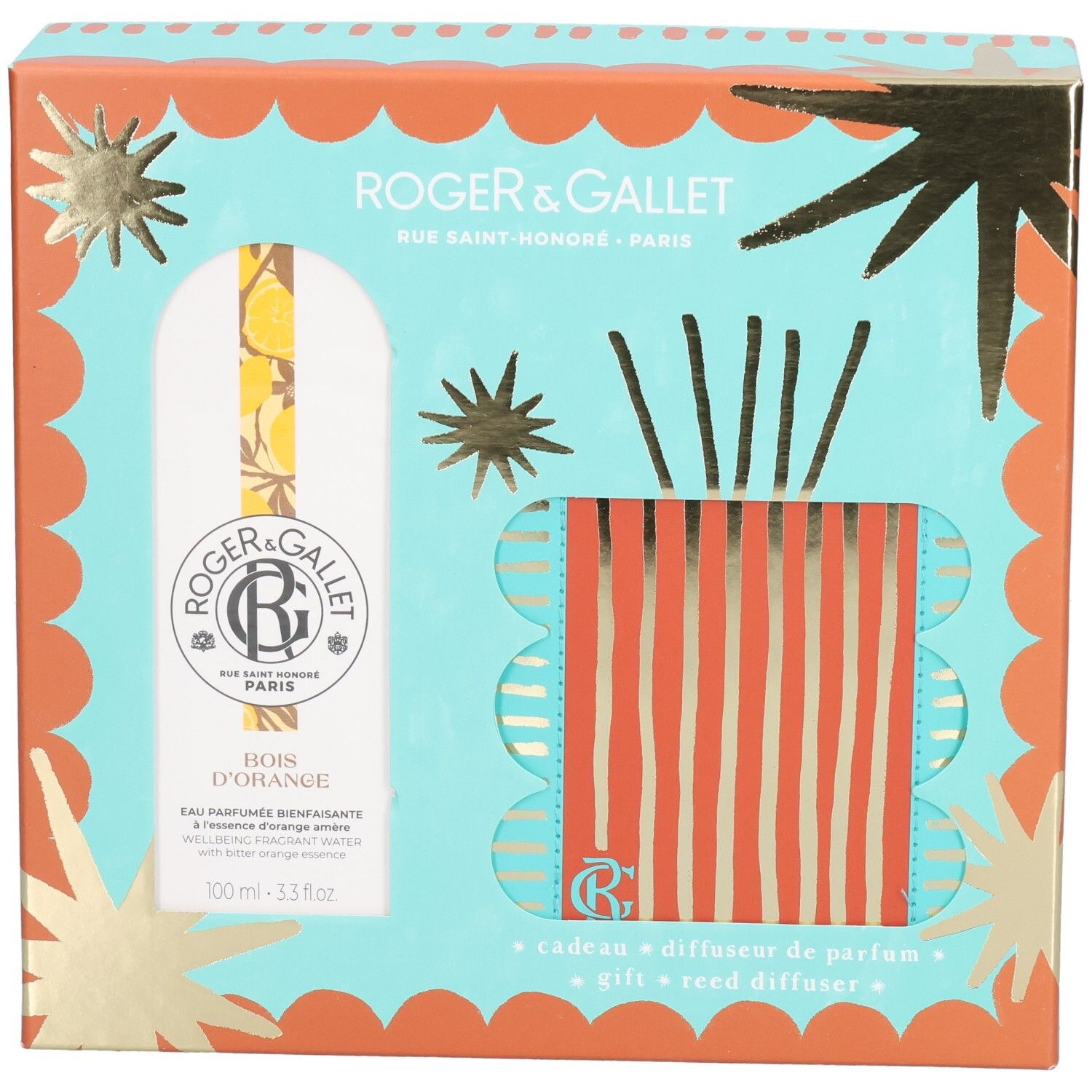 Coffret cadeau avec flacon et diffuseur. Design turquoise et orange. Visible : flacon, diffuseur, bâtonnets. Marque Roger & Gallet.