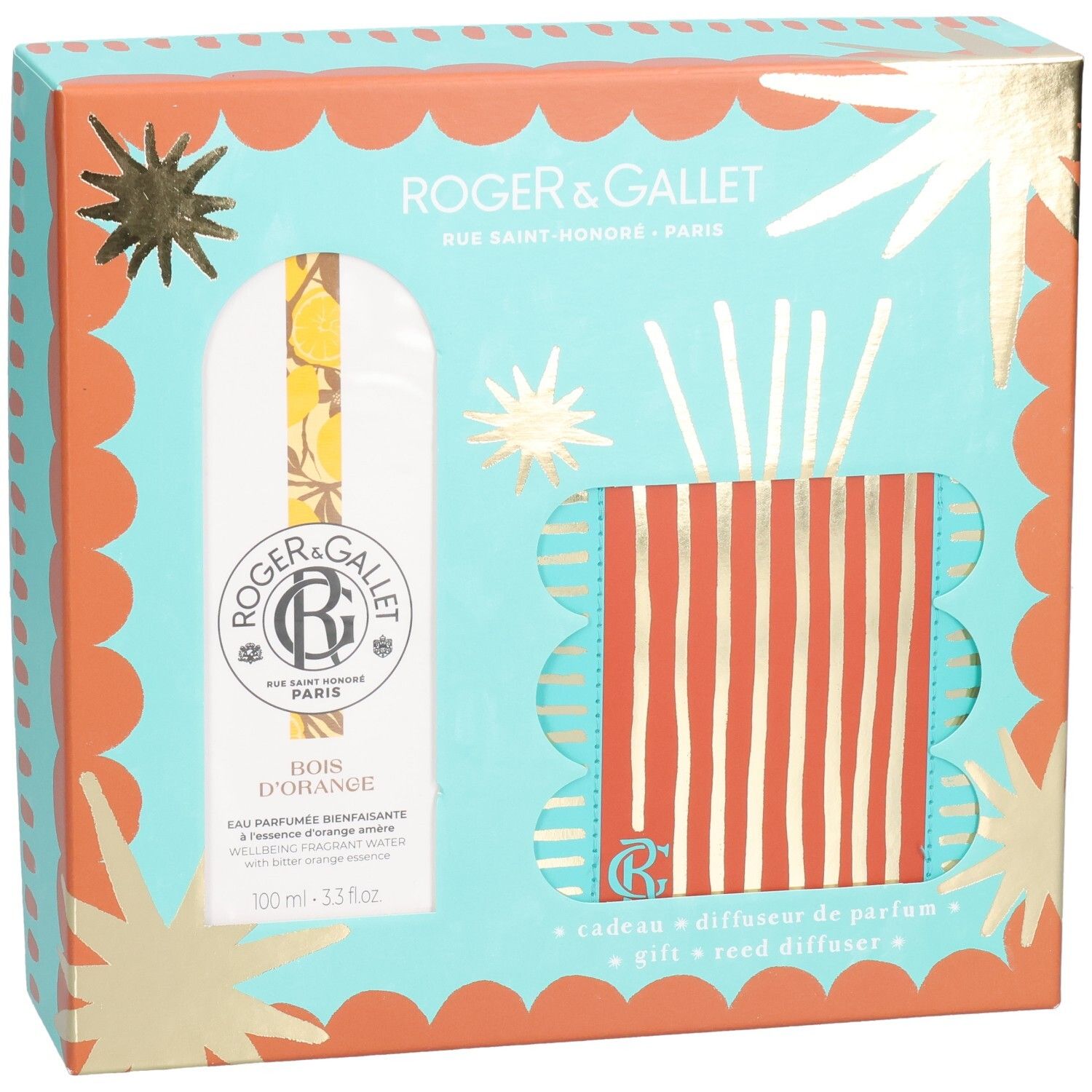 Coffret cadeau avec flacon et diffuseur. Design turquoise et orange. Visible : flacon, diffuseur, bâtonnets. Marque Roger & Gallet.