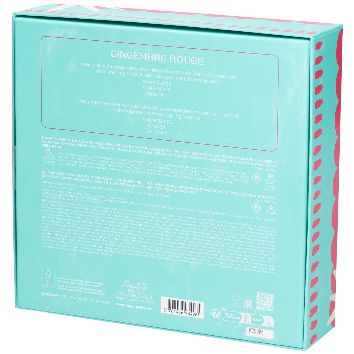 Dos du coffret cadeau. Turquoise avec texte. Nom du produit : Gingembre Rouge. Informations sur les ingrédients et le fabricant.