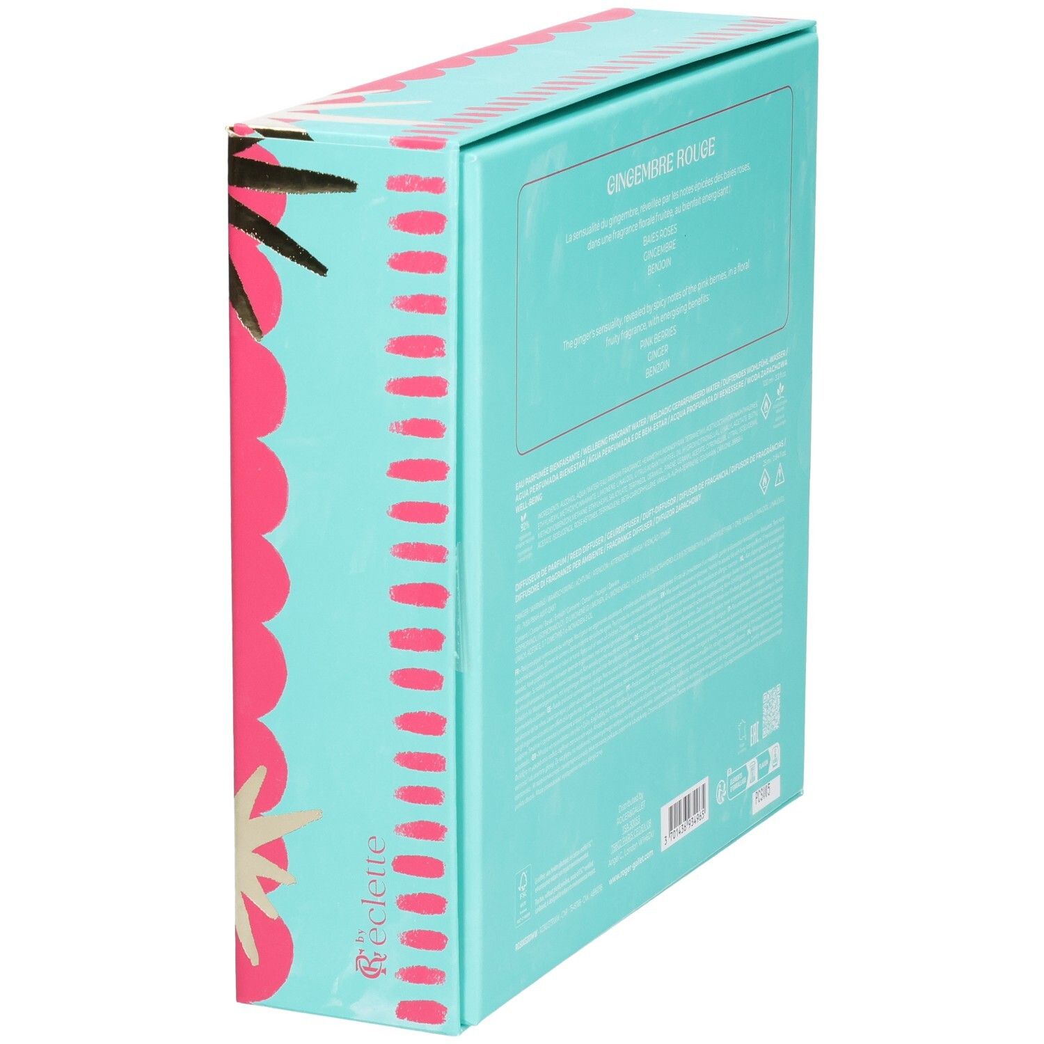 Vue en biais du dos du coffret cadeau. Turquoise avec texte. Nom du produit : Gingembre Rouge. Informations sur le fabricant.