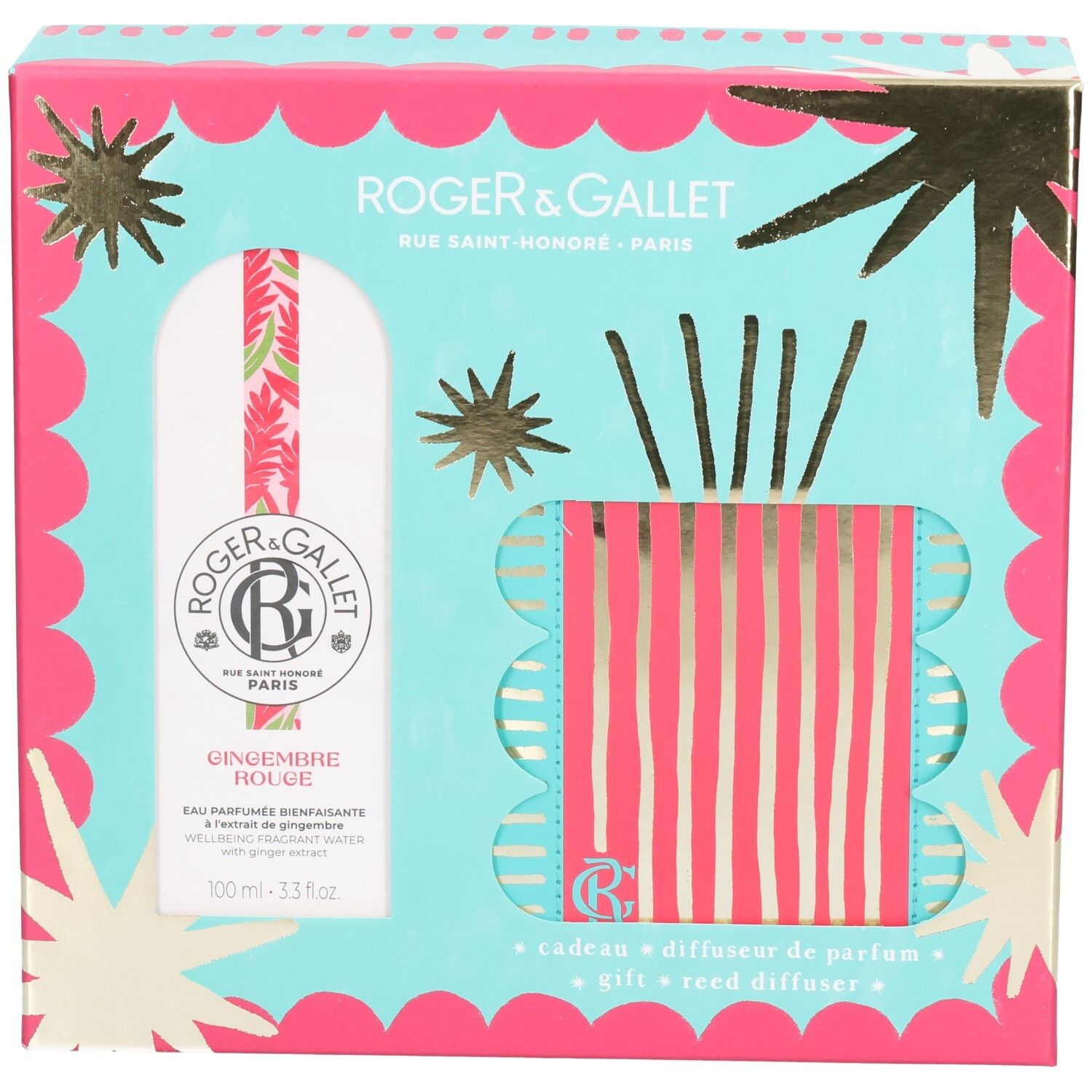 Coffret cadeau avec Eau Parfumée et diffuseur. Emballage turquoise et rose. Contient flacon, diffuseur à bâtonnets. Marque et nom du produit visibles.