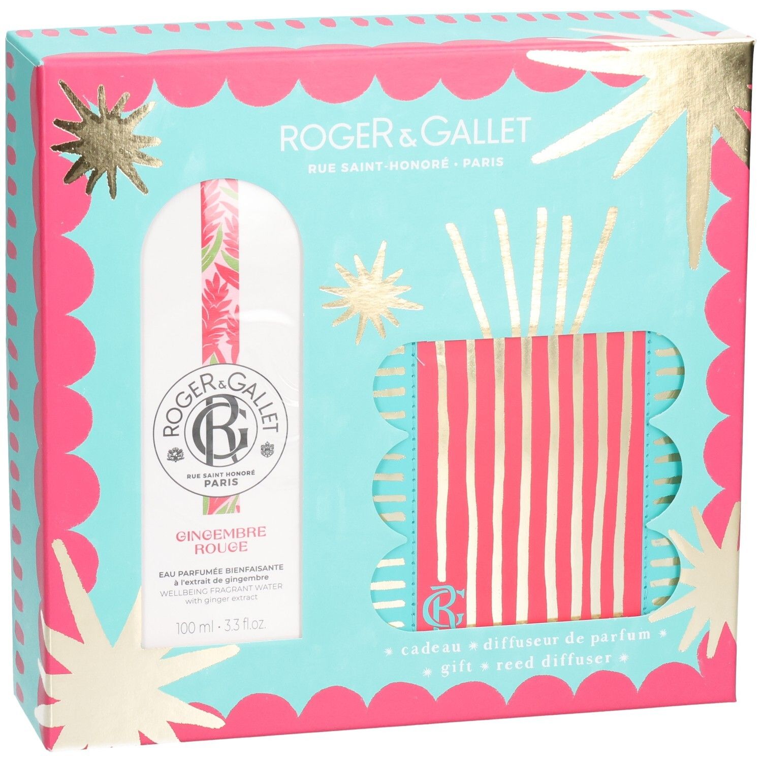 Coffret cadeau avec Eau Parfumée et diffuseur. Emballage turquoise et rose. Contient flacon, diffuseur à bâtonnets. Marque et nom du produit visibles.
