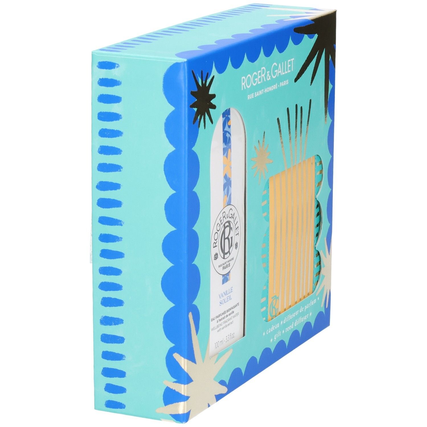 Boîte cadeau en biais. Bleu clair avec étoiles dorées et vagues bleues. Contient flacon et diffuseur. Marque Roger & Gallet.