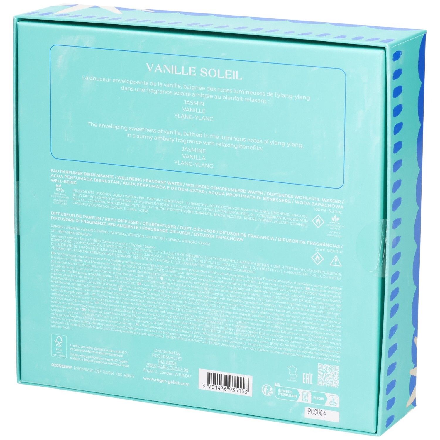 Dos du coffret cadeau. Fond bleu clair avec texte. Contient des informations sur le produit et des ingrédients. Marque Roger & Gallet.