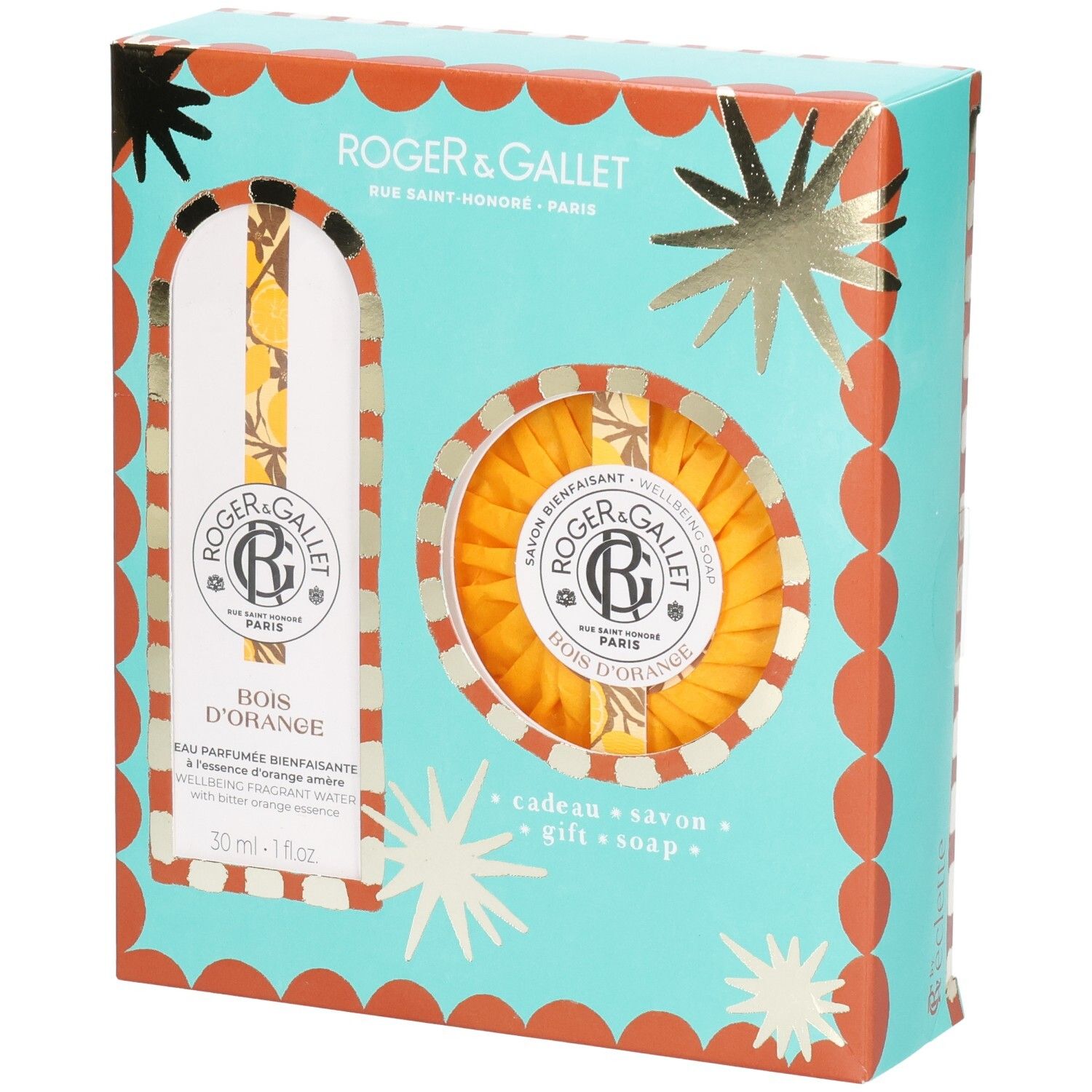 Coffret cadeau avec eau parfumée et savon. Emballage turquoise et orange avec images de produits. Marque : Roger & Gallet.