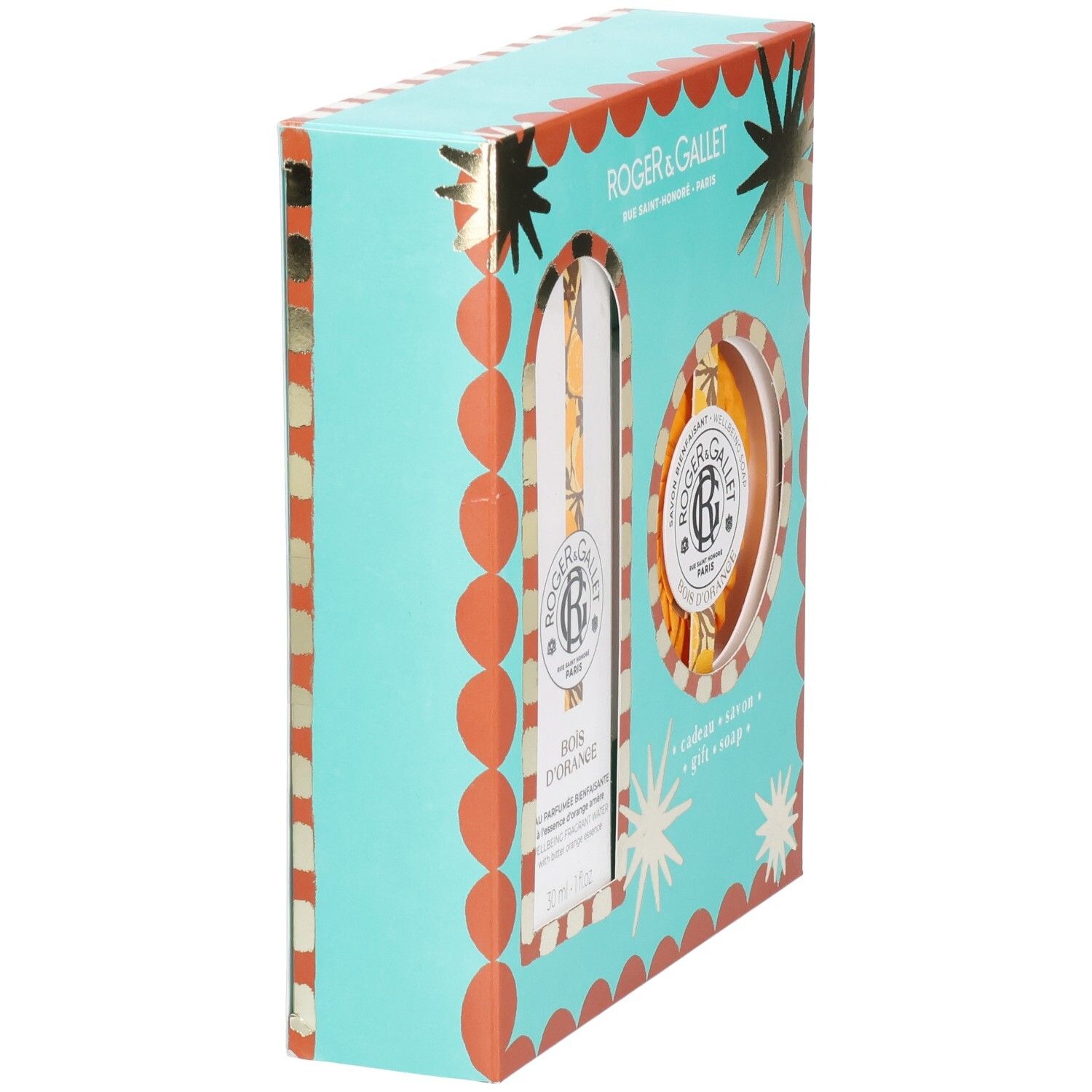 Coffret cadeau turquoise et orange. Contient de l'eau parfumée et du savon. Marque Roger & Gallet. Vue latérale avec accents dorés.