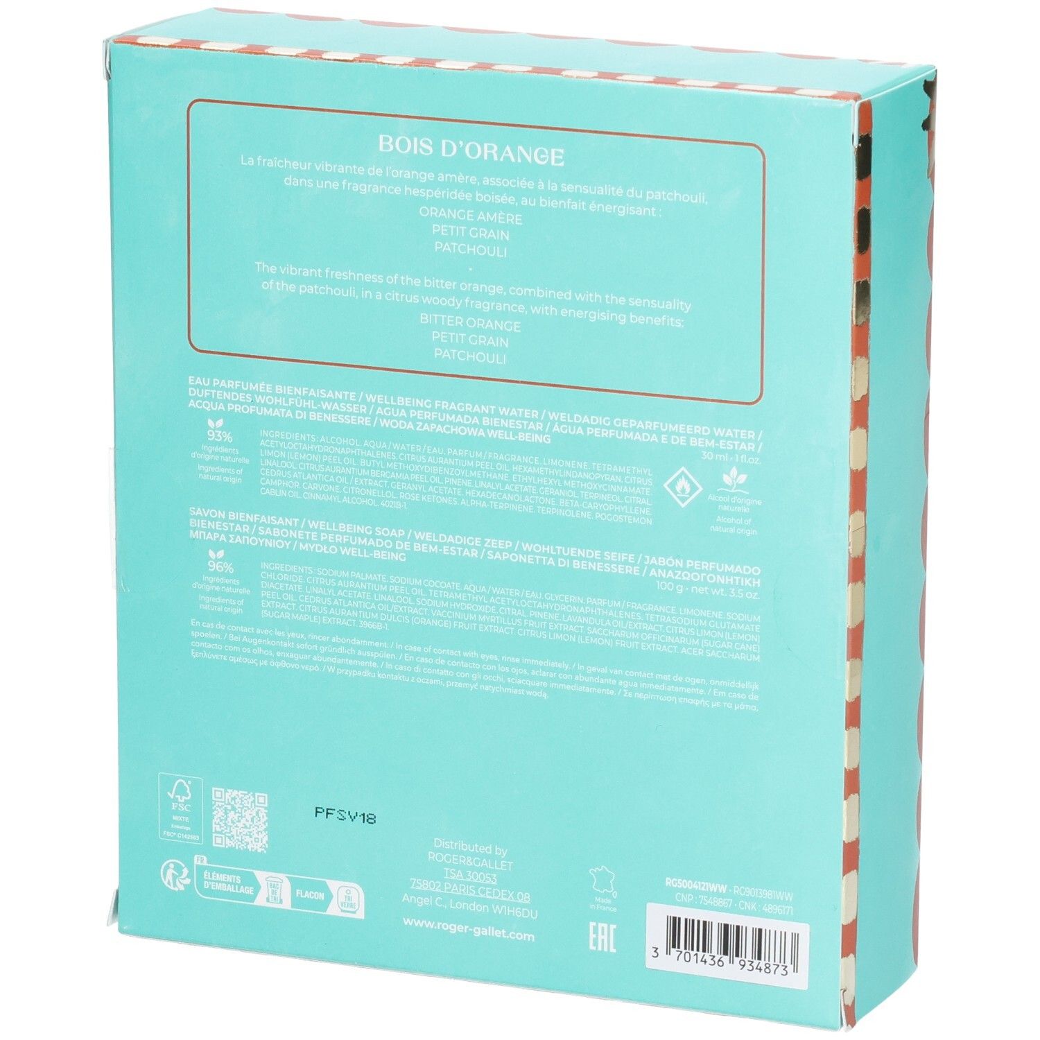 Dos du coffret cadeau. Texte en allemand, français et anglais. Contient des informations sur les ingrédients et les certifications.