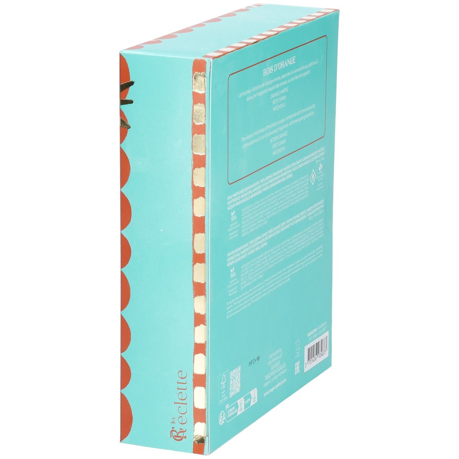 Vue latérale du coffret cadeau. Turquoise et orange avec texte. Marque Roger & Gallet. Contient des informations sur les ingrédients.