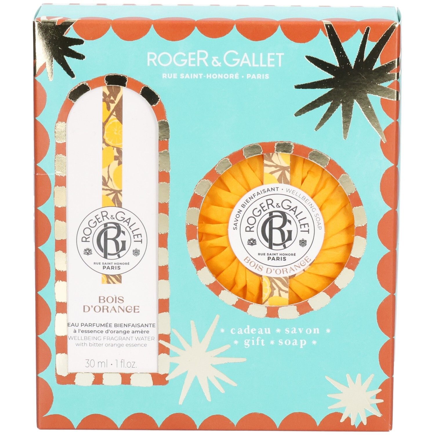 Coffret cadeau avec eau parfumée et savon. Emballage turquoise et orange. Marque Roger & Gallet. Images des produits.