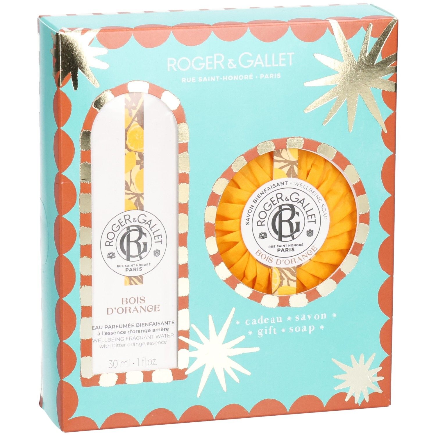 Coffret cadeau avec eau parfumée et savon. Emballage turquoise et orange. Marque Roger & Gallet. Images des produits.