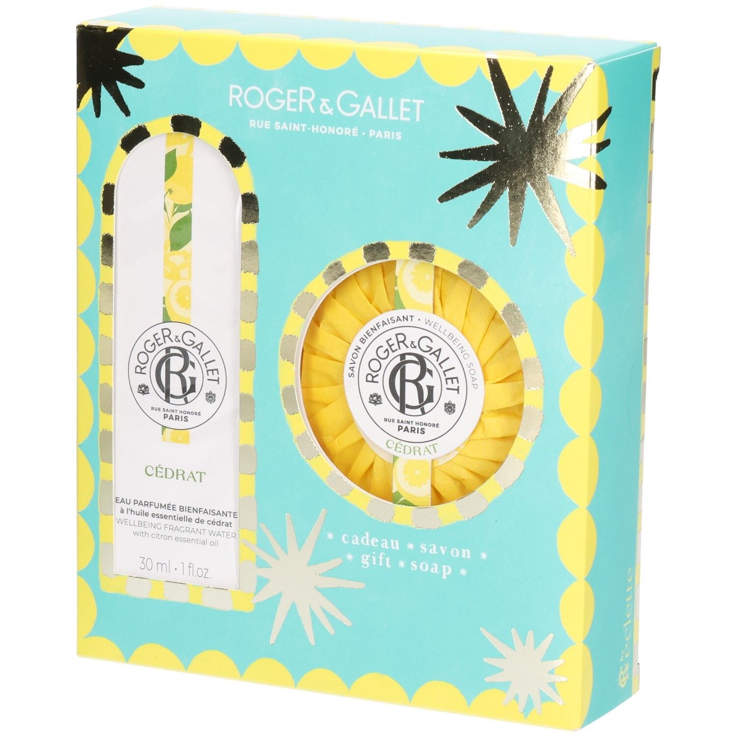 Coffret cadeau Roger & Gallet avec eau parfumée et savon. Boîte bleu clair avec accents jaunes et étoiles. Visible : Cedrat.