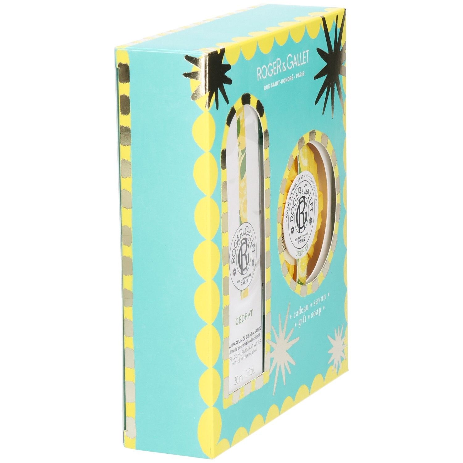 Coffret cadeau Roger & Gallet, vue en biais. Boîte bleu clair avec accents jaunes. Visible : Cedrat, eau parfumée et savon.