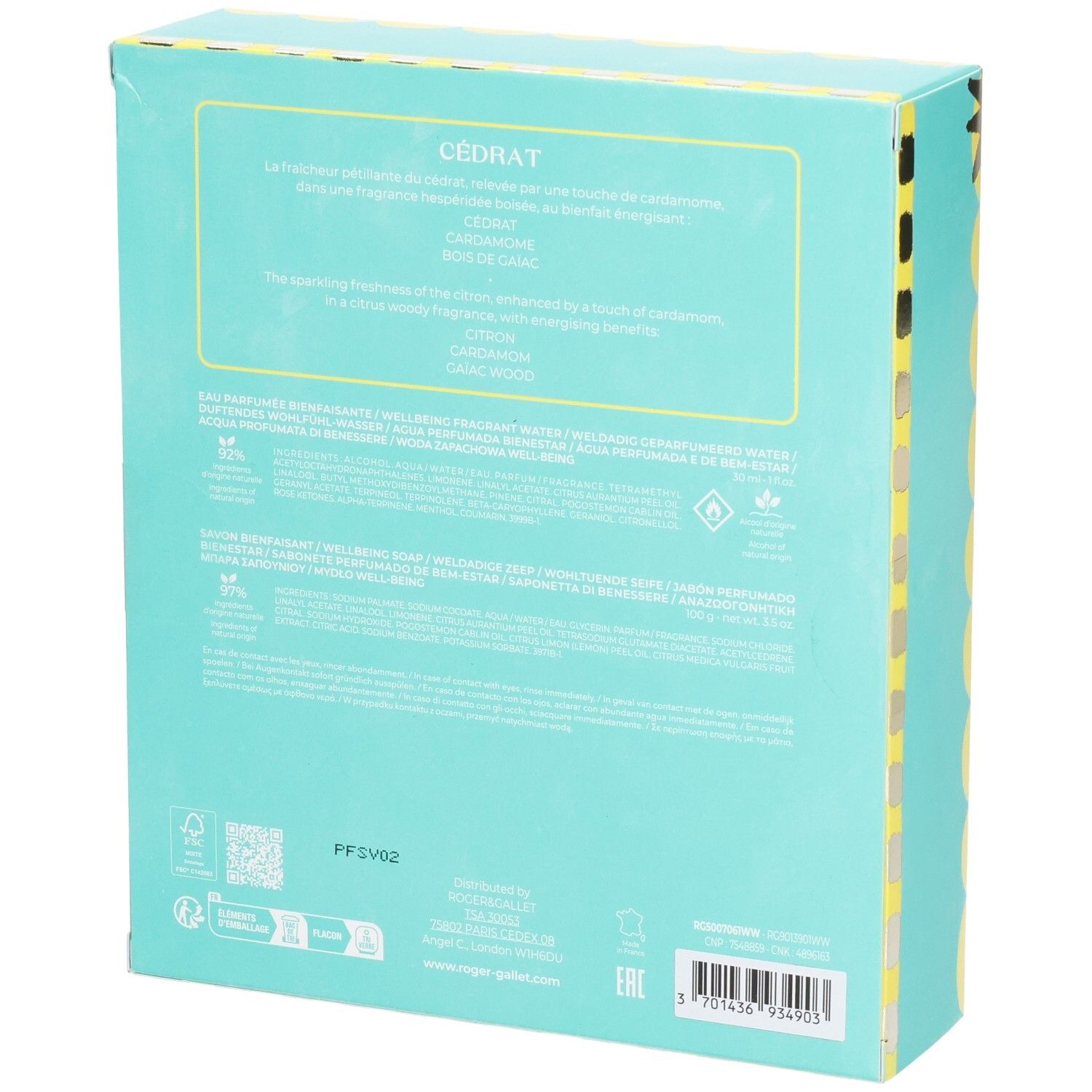 Dos du coffret cadeau Roger & Gallet. Texte multilingue. Couleur principale : bleu clair. Contient des informations sur les ingrédients.