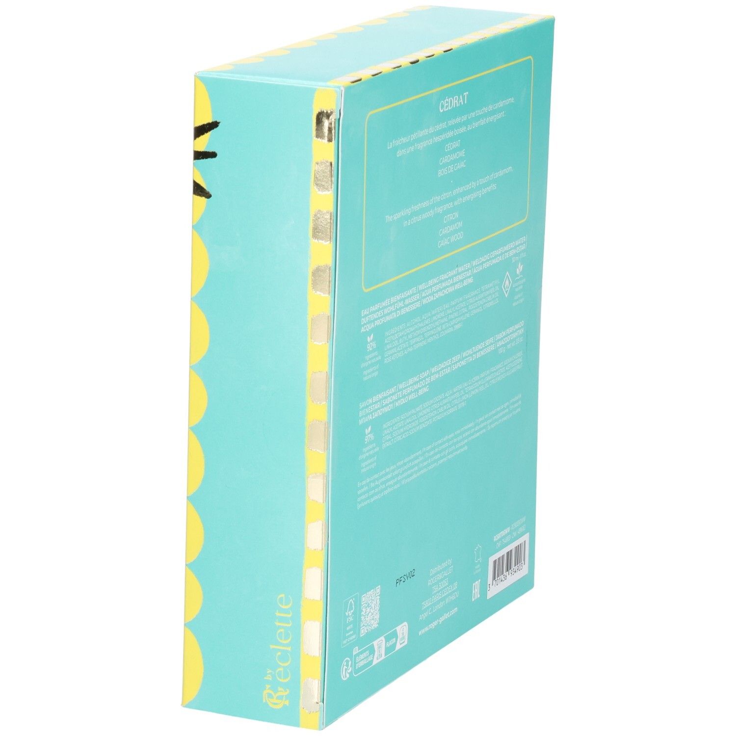 Côté du coffret cadeau Roger & Gallet. Boîte bleu clair avec accents jaunes. Texte : Cedrat. Contient des informations.
