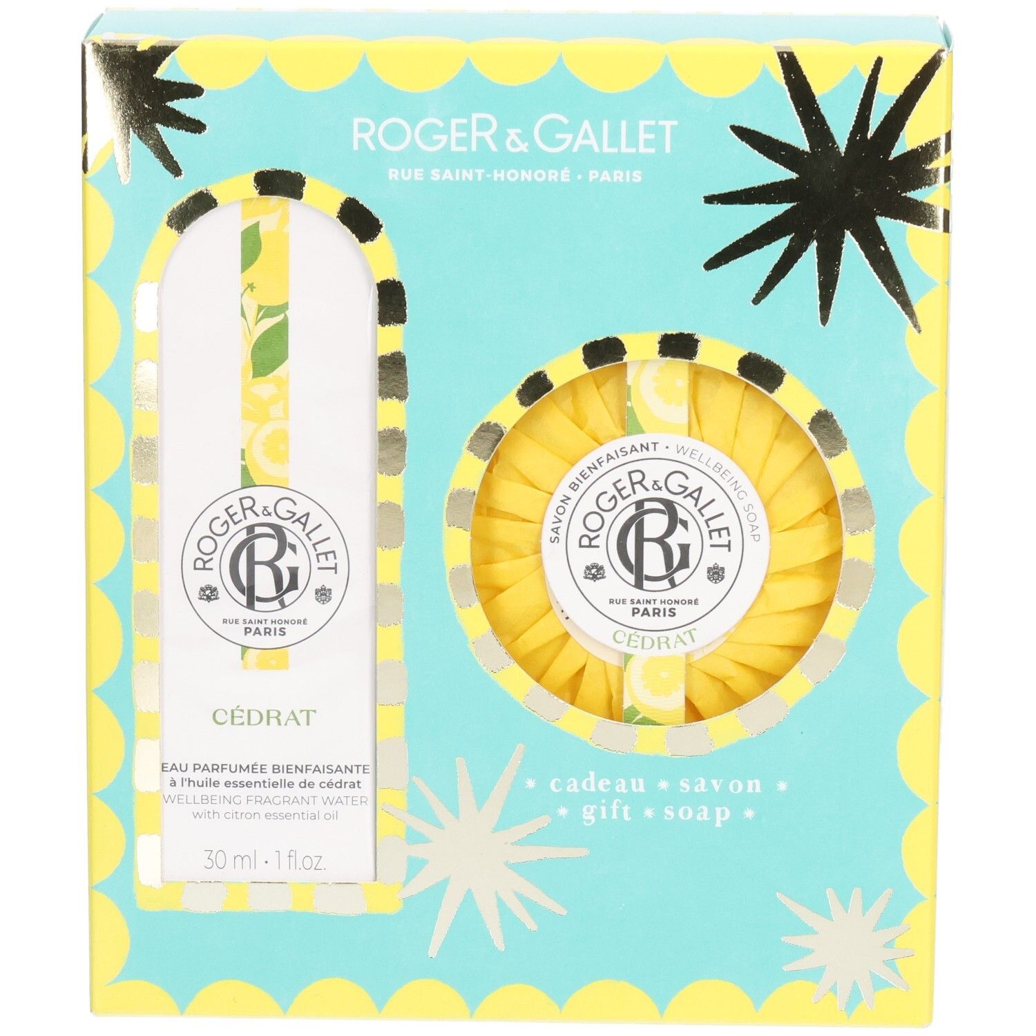 Coffret cadeau Roger & Gallet avec eau parfumée et savon. Boîte bleu clair avec accents jaunes et étoiles. Cedrat.