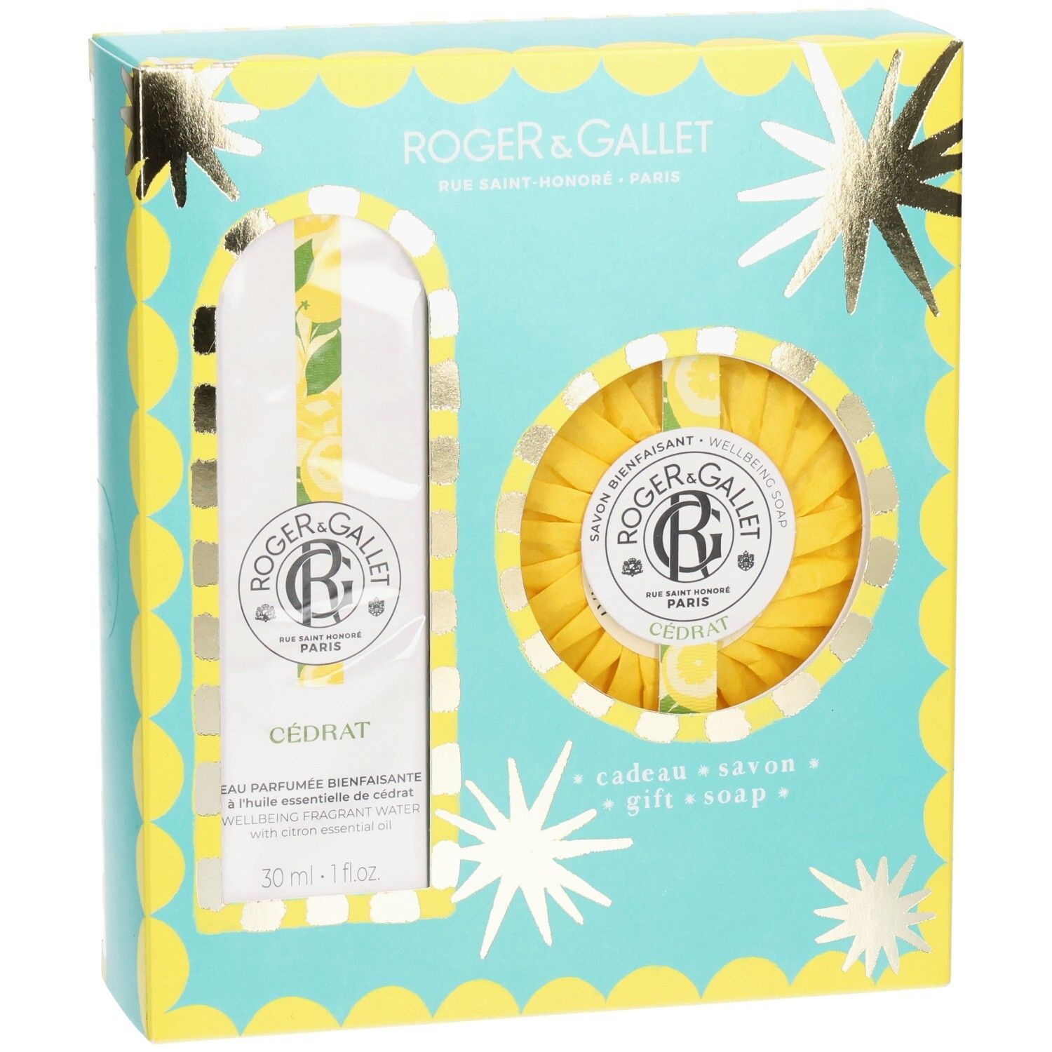 Coffret cadeau Roger & Gallet avec eau parfumée et savon. Boîte bleu clair avec accents jaunes et étoiles. Cedrat.