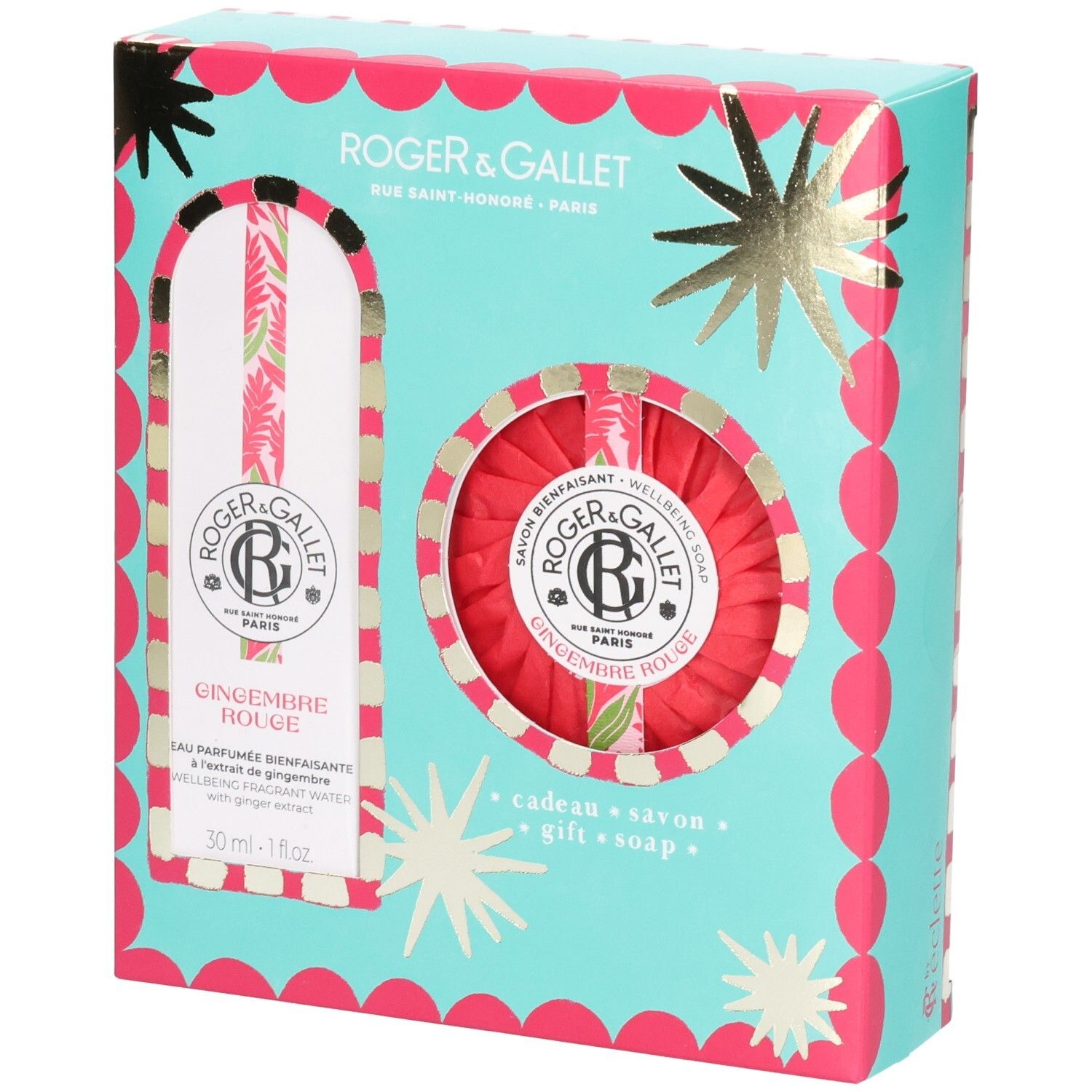 Coffret cadeau Roger & Gallet Gingembre Rouge. Boîte turquoise et rose avec étoiles. Contient parfum et savon.