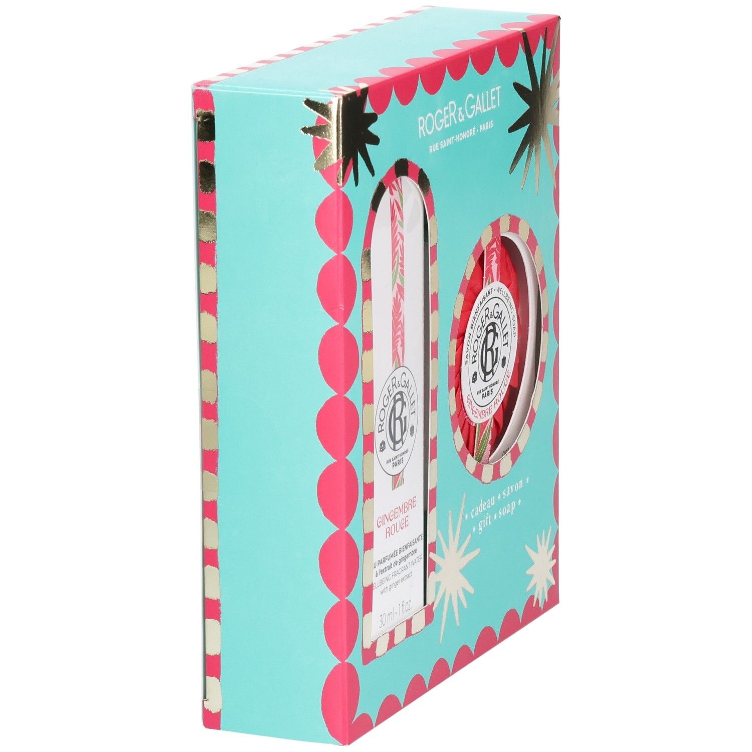 Vue latérale du coffret cadeau. Turquoise avec pois roses et dorés. Contient Eau Parfumée et savon.