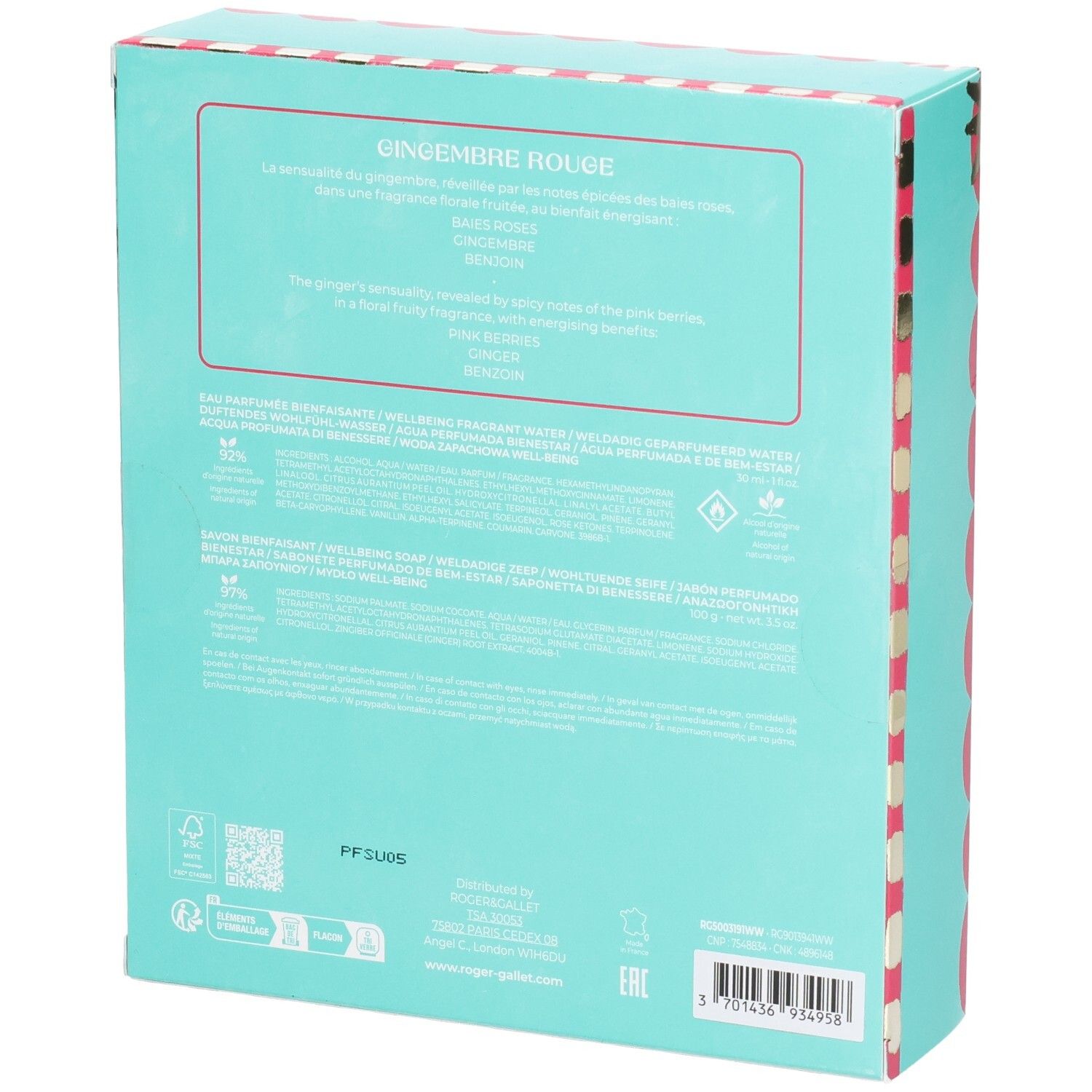 Dos du coffret cadeau. Turquoise avec texte. Contient des informations sur les ingrédients et la marque Roger & Gallet.