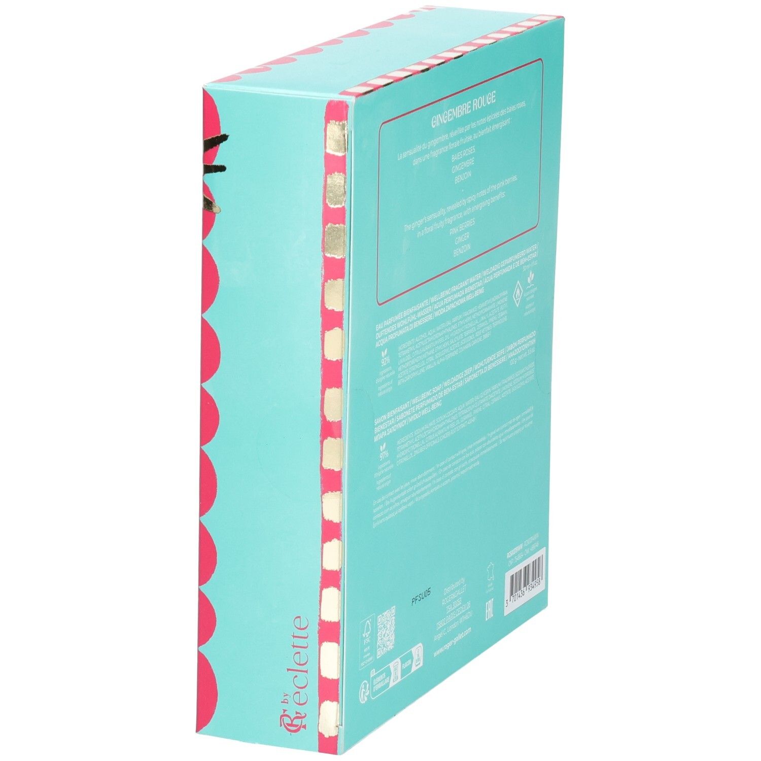 Vue latérale du coffret cadeau. Turquoise avec pois roses et dorés. Contient texte et logo.