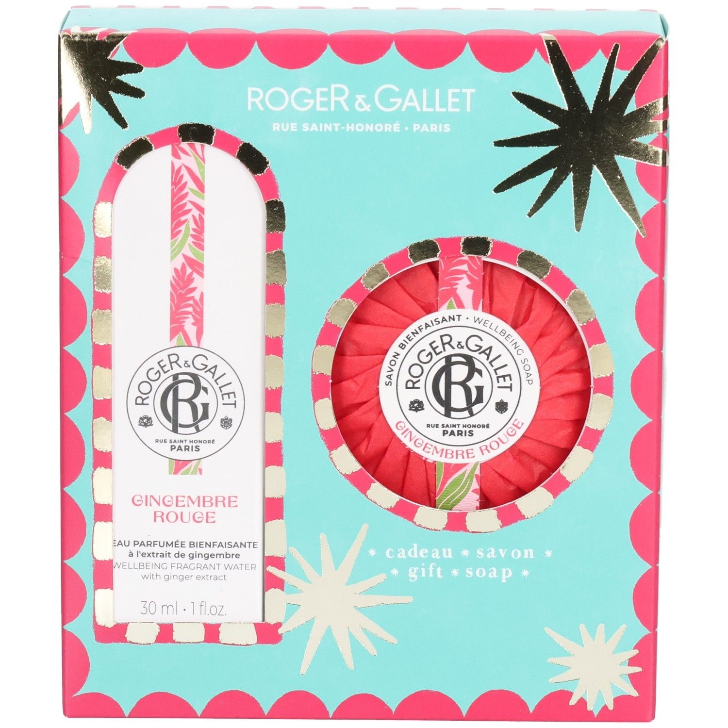 Coffret cadeau Roger & Gallet Gingembre Rouge. Boîte turquoise et rose avec étoiles. Contient parfum et savon.