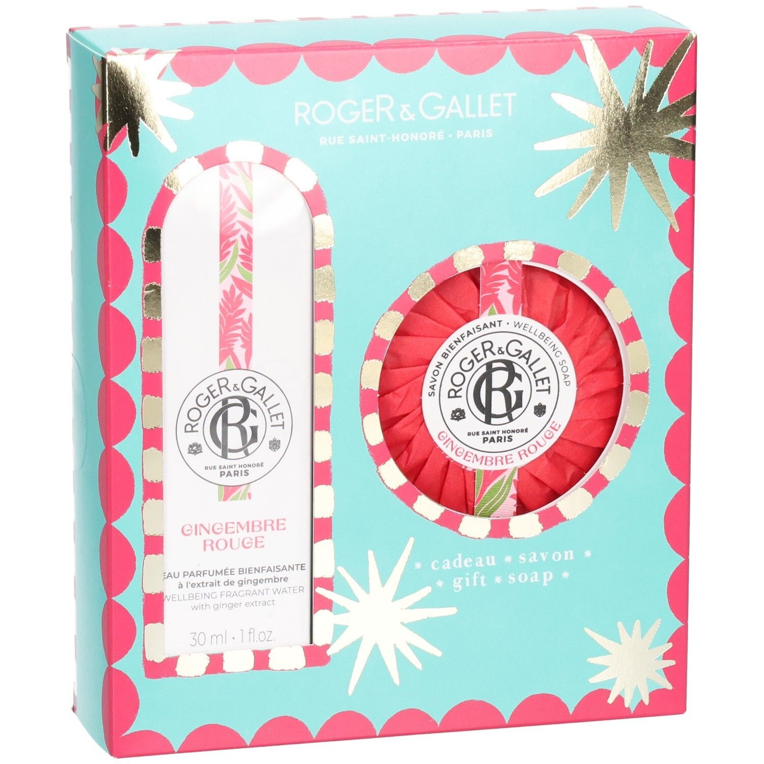 Coffret cadeau Roger & Gallet Gingembre Rouge. Boîte turquoise et rose avec étoiles. Contient parfum et savon.