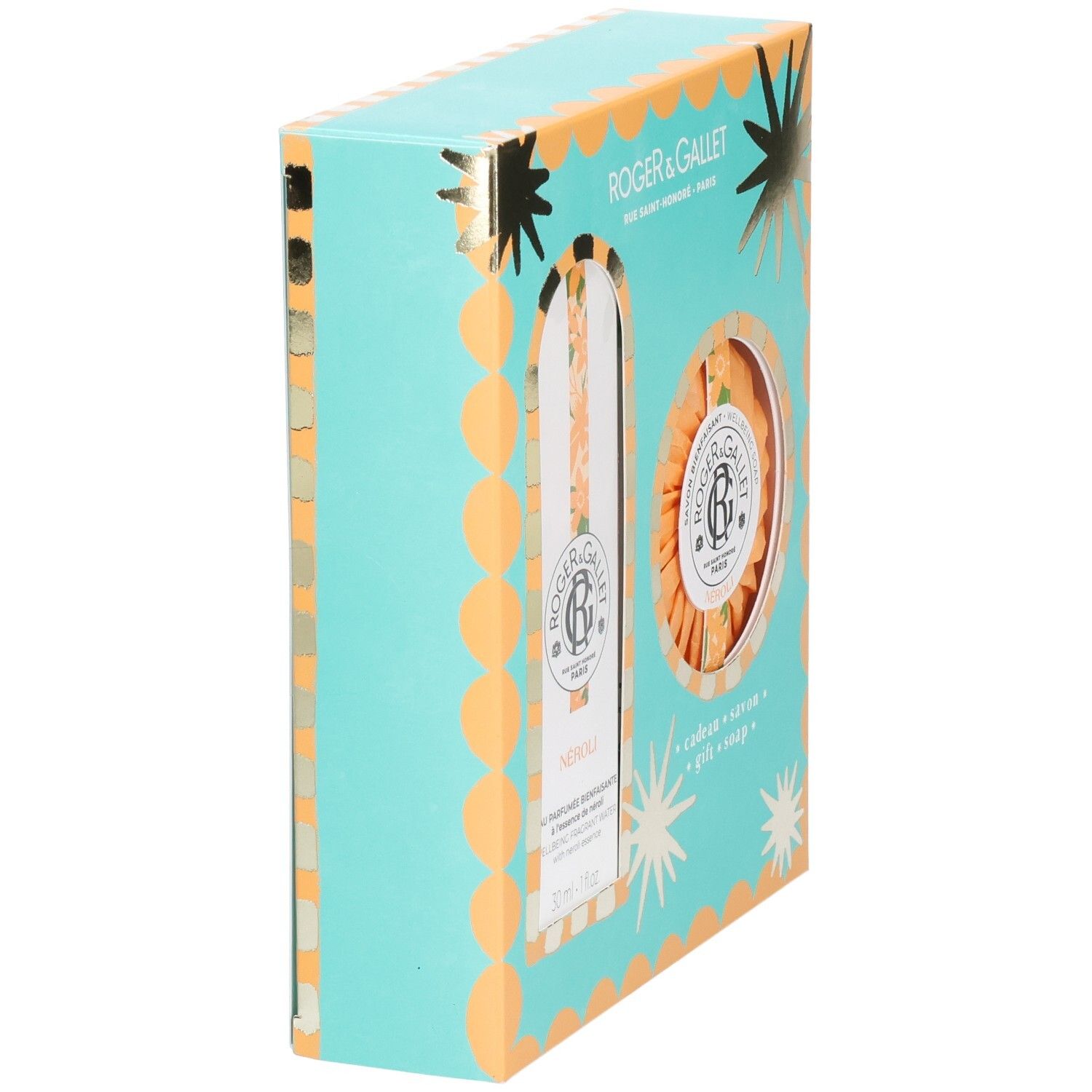 Roger & Gallet Geschenkset mit Eau de Parfum und Seife in türkisfarbener Verpackung mit orangefarbenen Akzenten.