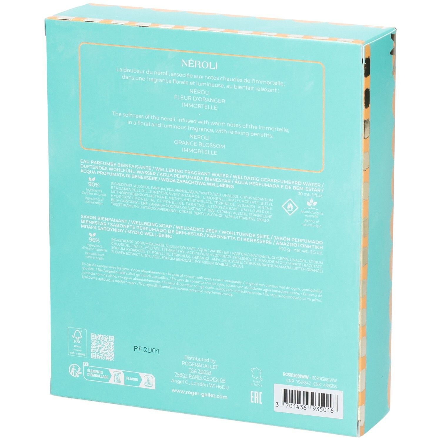 Türkisfarbene Geschenkbox mit Informationen zu Neroli-Produkten, Inhaltsstoffen und Zertifizierungen.