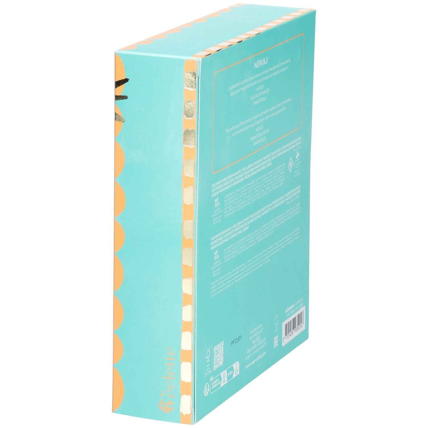 Türkise Verpackung mit orangefarbenen Wellenmuster und goldenen Akzenten. Text auf der Seite.