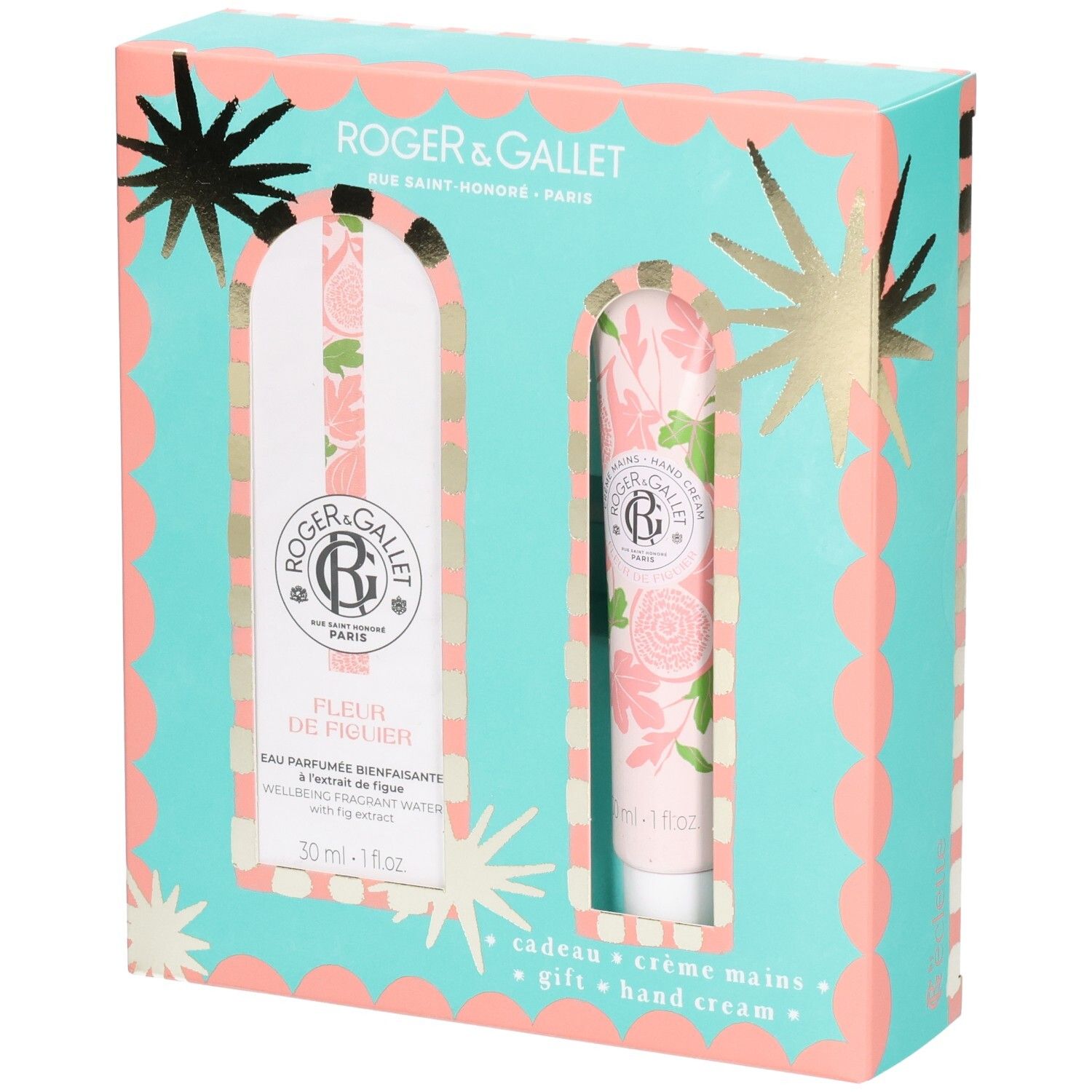 Coffret cadeau avec Eau Parfumée et crème mains. Emballage turquoise et rose avec étoiles. Motifs floraux. Texte: Fleur de Figuier.