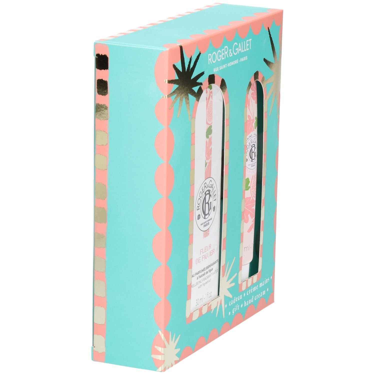 Coffret cadeau, vue latérale. Emballage turquoise et rose avec étoiles. Motifs floraux. Texte: Roger & Gallet, Fleur de Figuier.