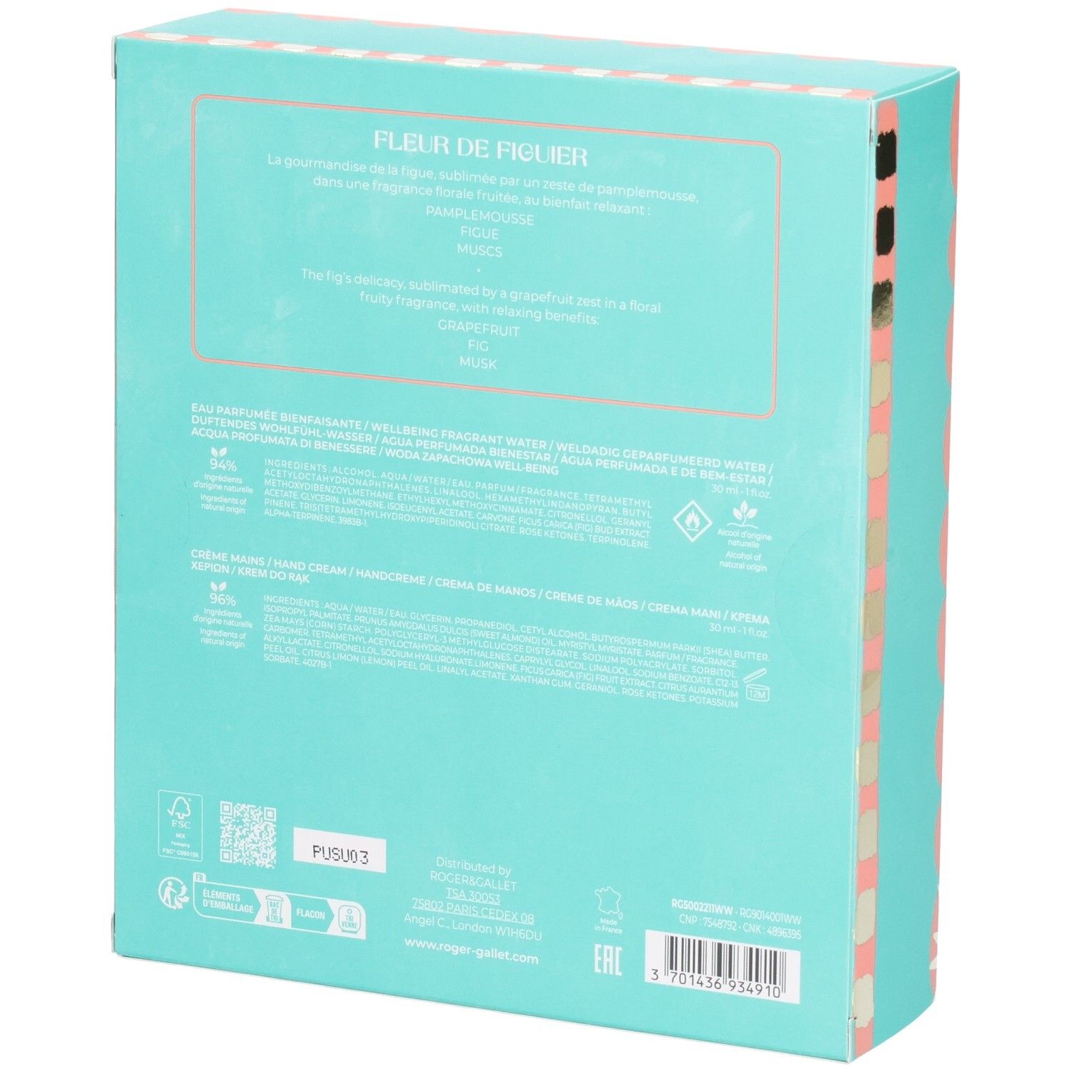 Dos du coffret cadeau. Turquoise avec texte. Texte: Fleur de Figuier, ingrédients, logos. Code QR et symboles de recyclage.