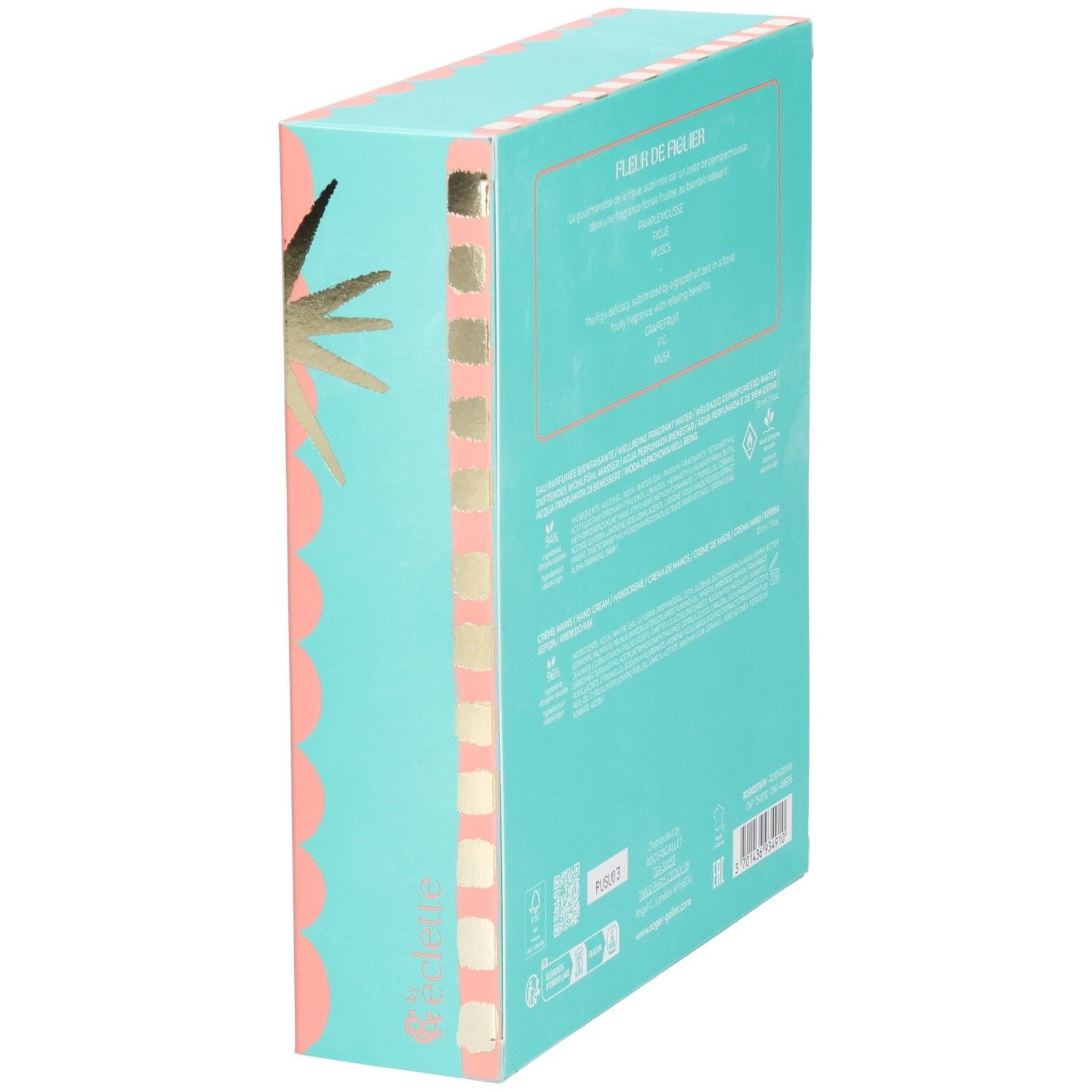 Coffret cadeau, vue en biais. Turquoise avec texte. Texte: Fleur de Figuier, logos. Étoiles dorées et vagues roses.